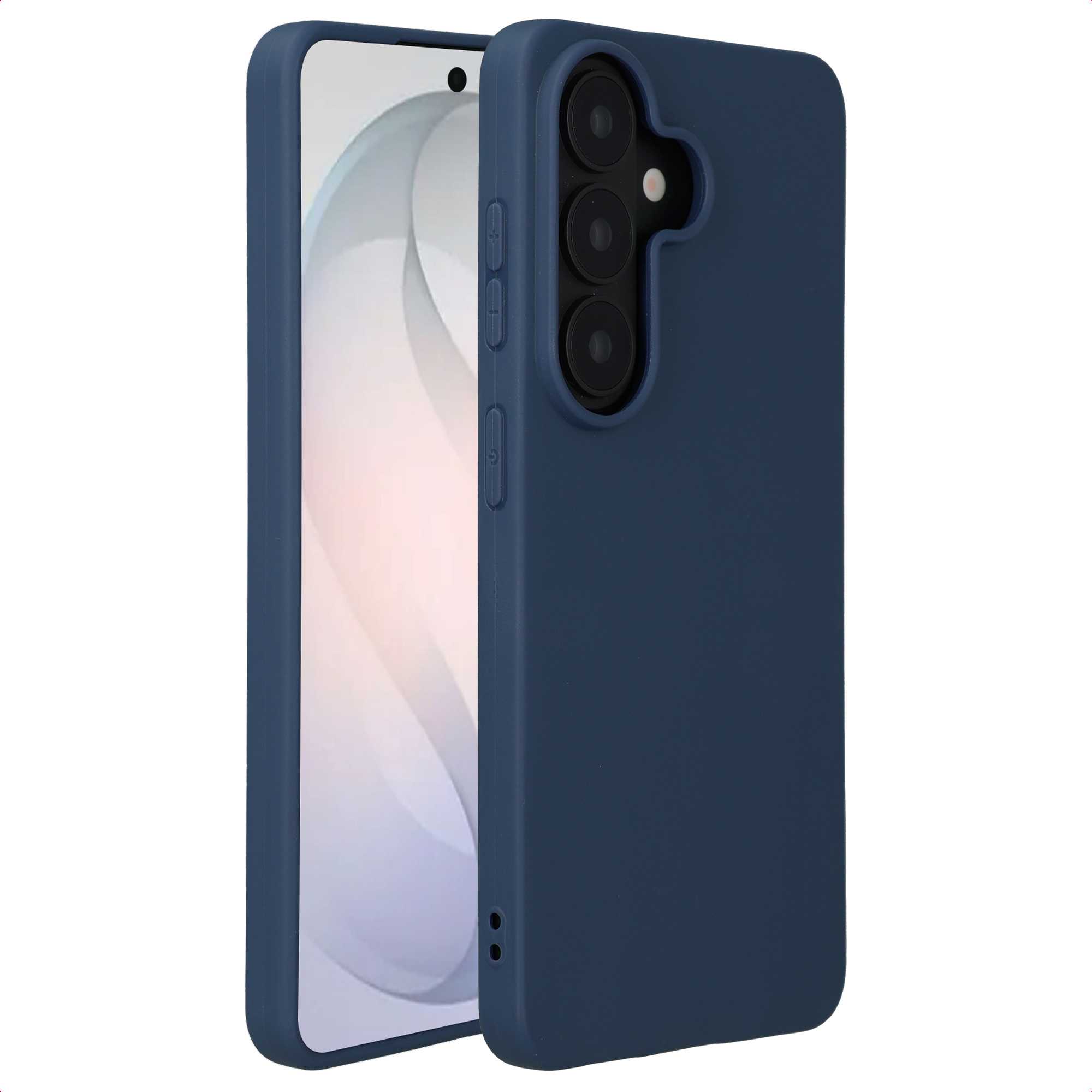 Téléphone bleu foncé avec trois caméras et un écran, dans une coque de protection.