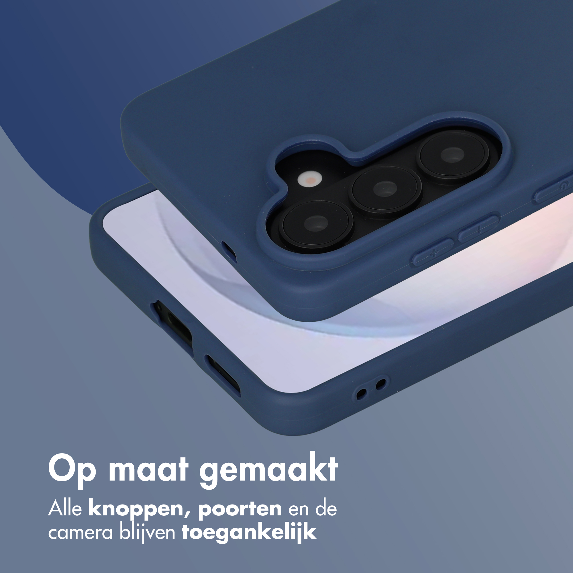 Coque de téléphone bleu foncé sur un smartphone, caméra et boutons visibles.