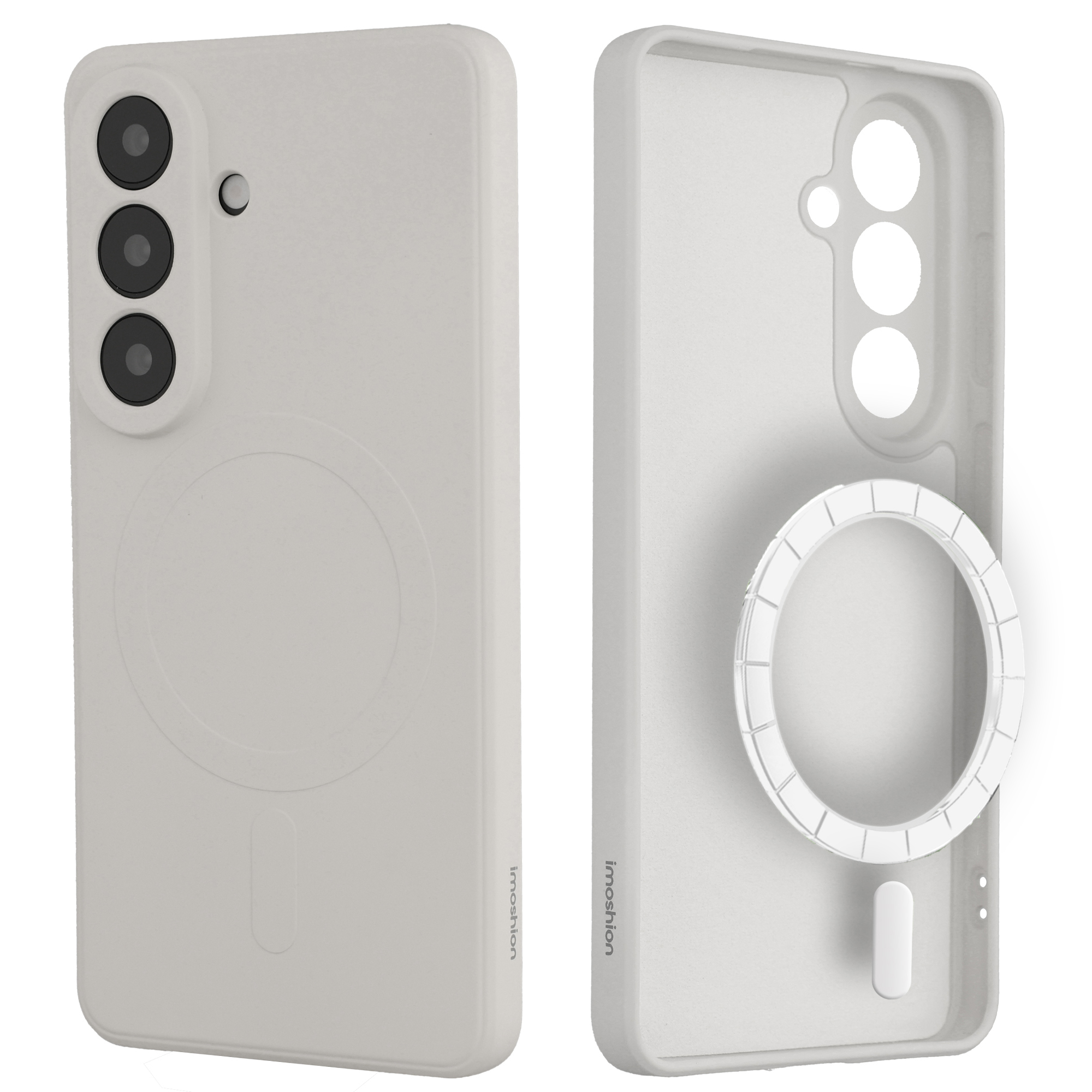 Een witte telefoonhoes met drie cameralensgaten en een magneetring.