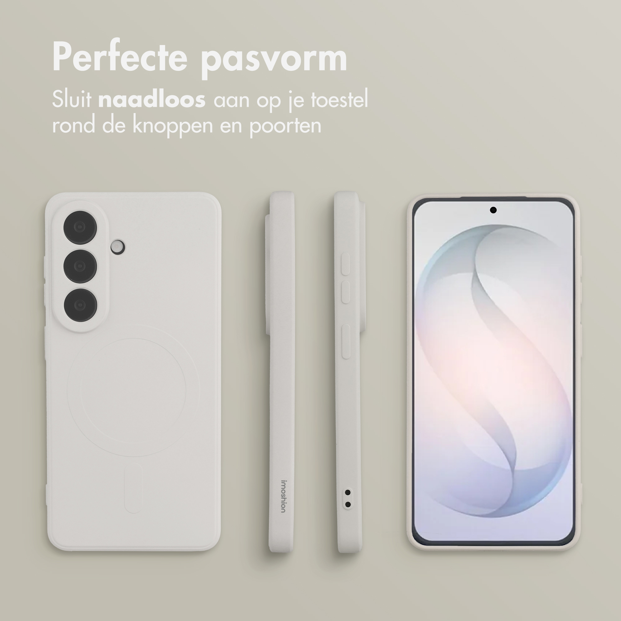 Witte telefoonhoes getoond van achter, zijkant en voorkant met scherm.