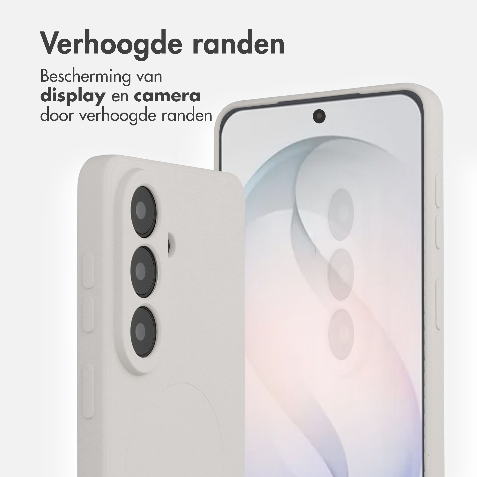 Een witte telefoon met drie camera's en een verhoogde rand.
