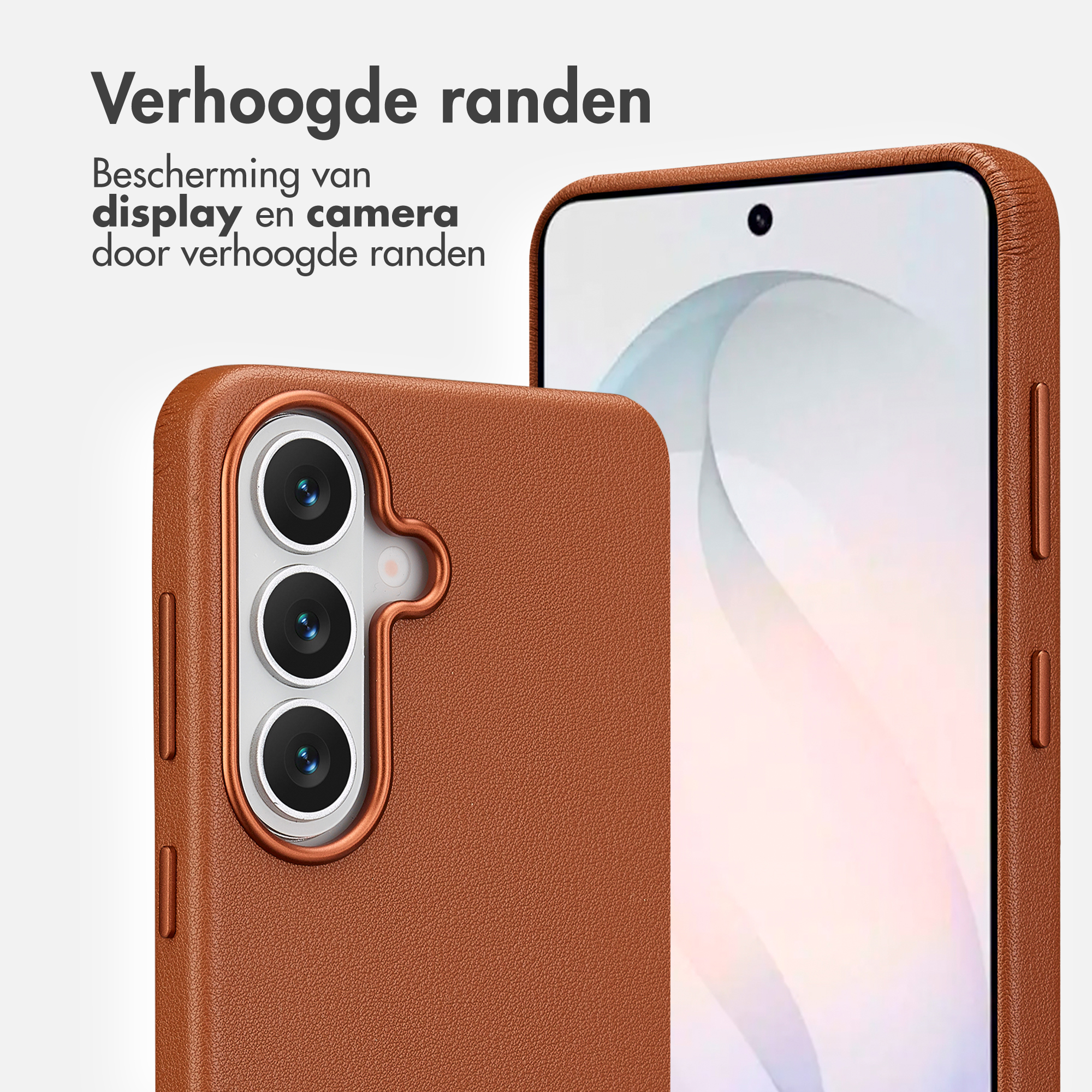 Bruine telefoonhoes met camera-uitsparing en verhoogde randen.