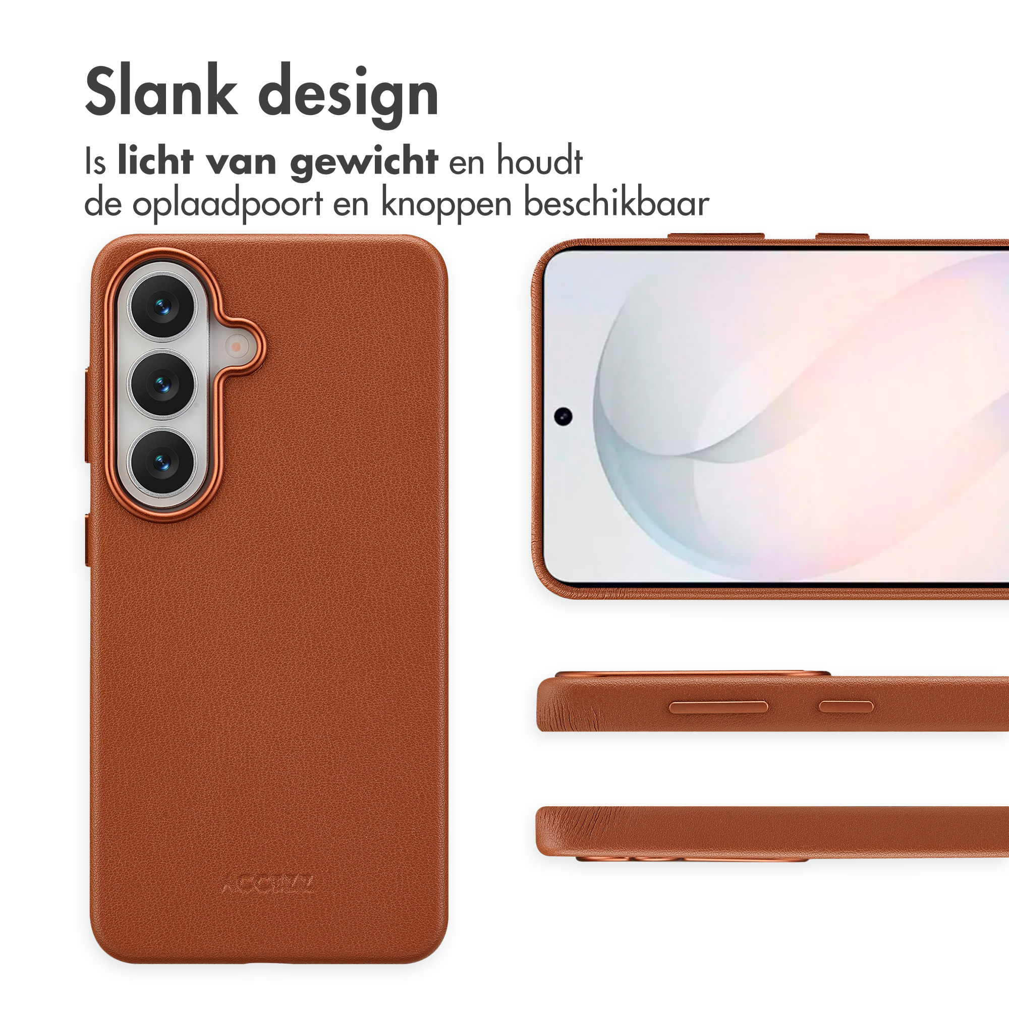 Bruine telefoonhoes met drie camera's en een smartphone. Slank design.