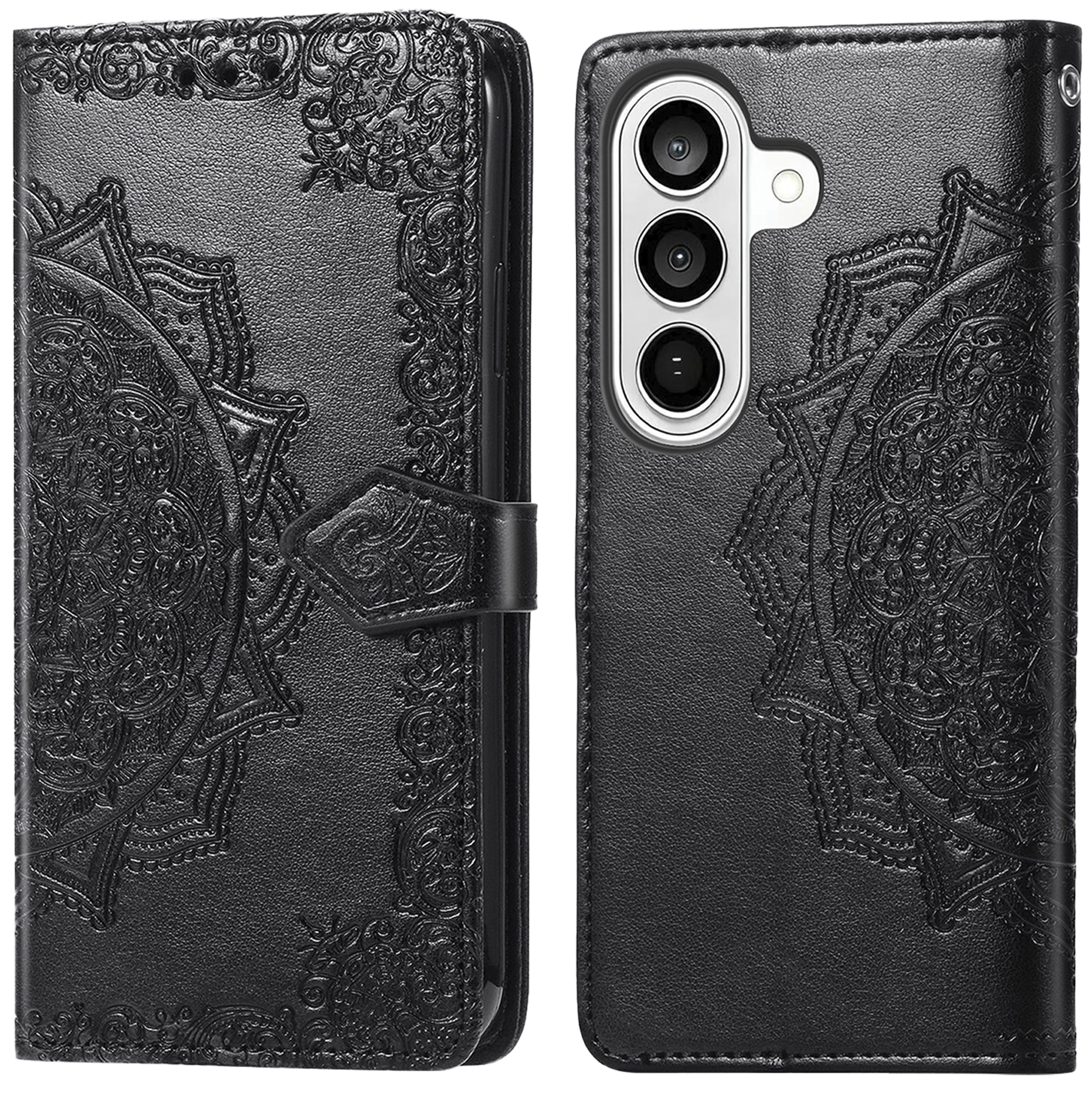 Zwarte leren flip telefoonhoes met reliëf mandala patroon en drie cameralenzen.