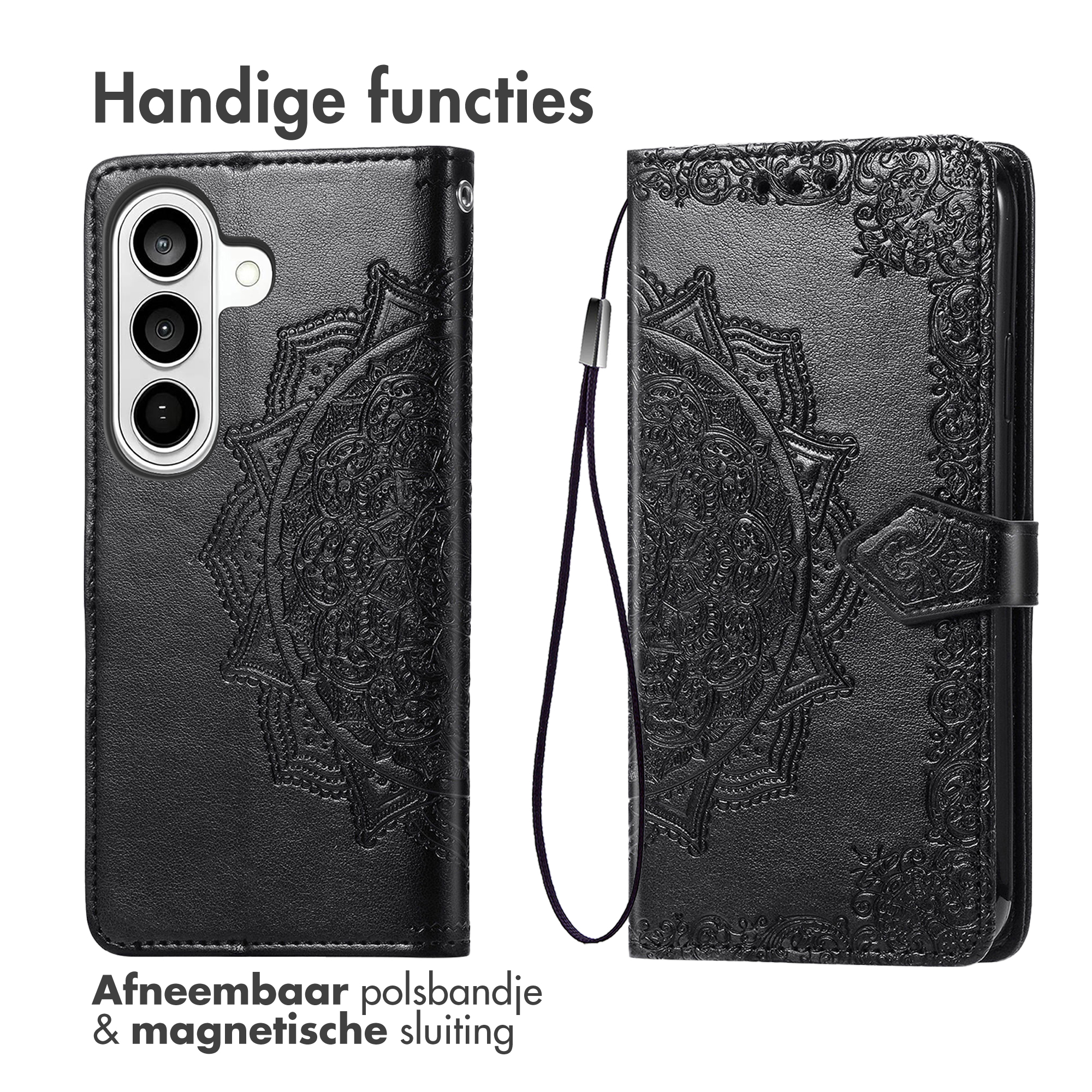 Zwarte telefoonhoes met reliëf mandala, polsbandje en magnetische sluiting.