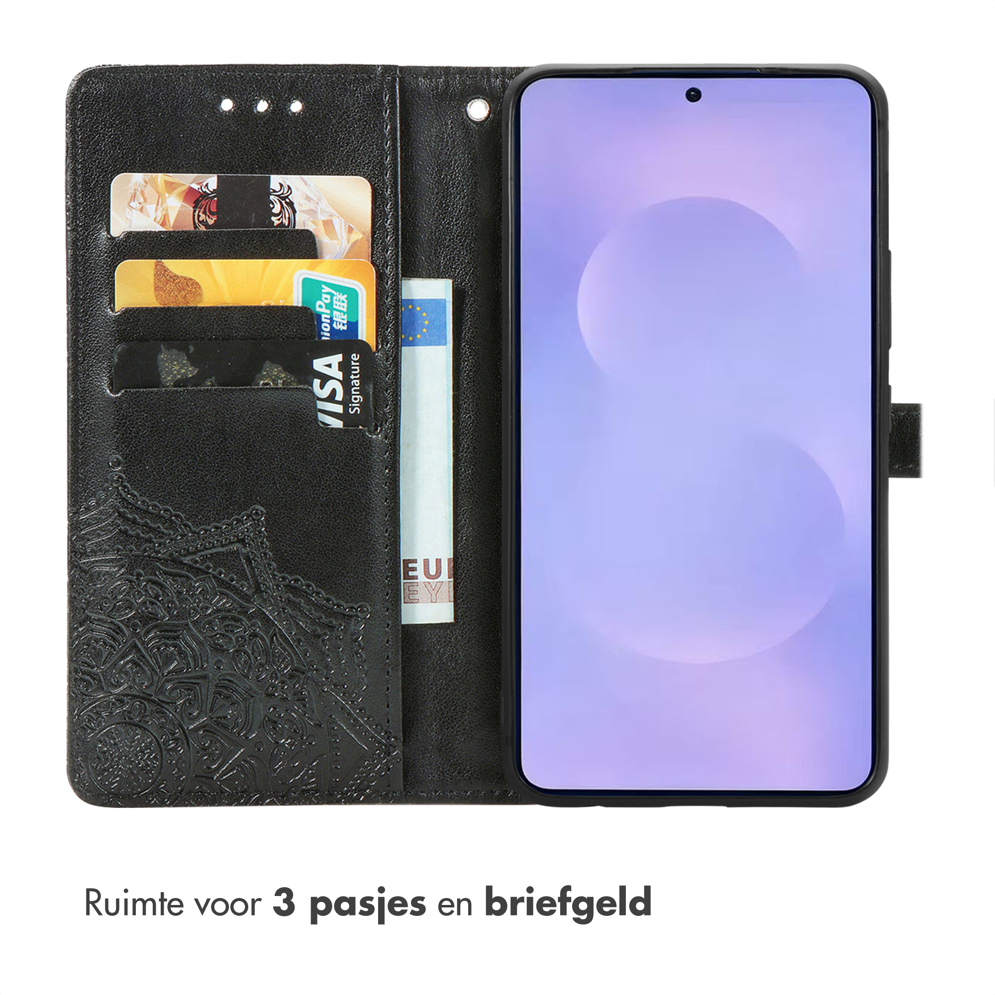 Zwarte telefoonhoes met kaarthouders en geldvak. Bevat een simkaart.