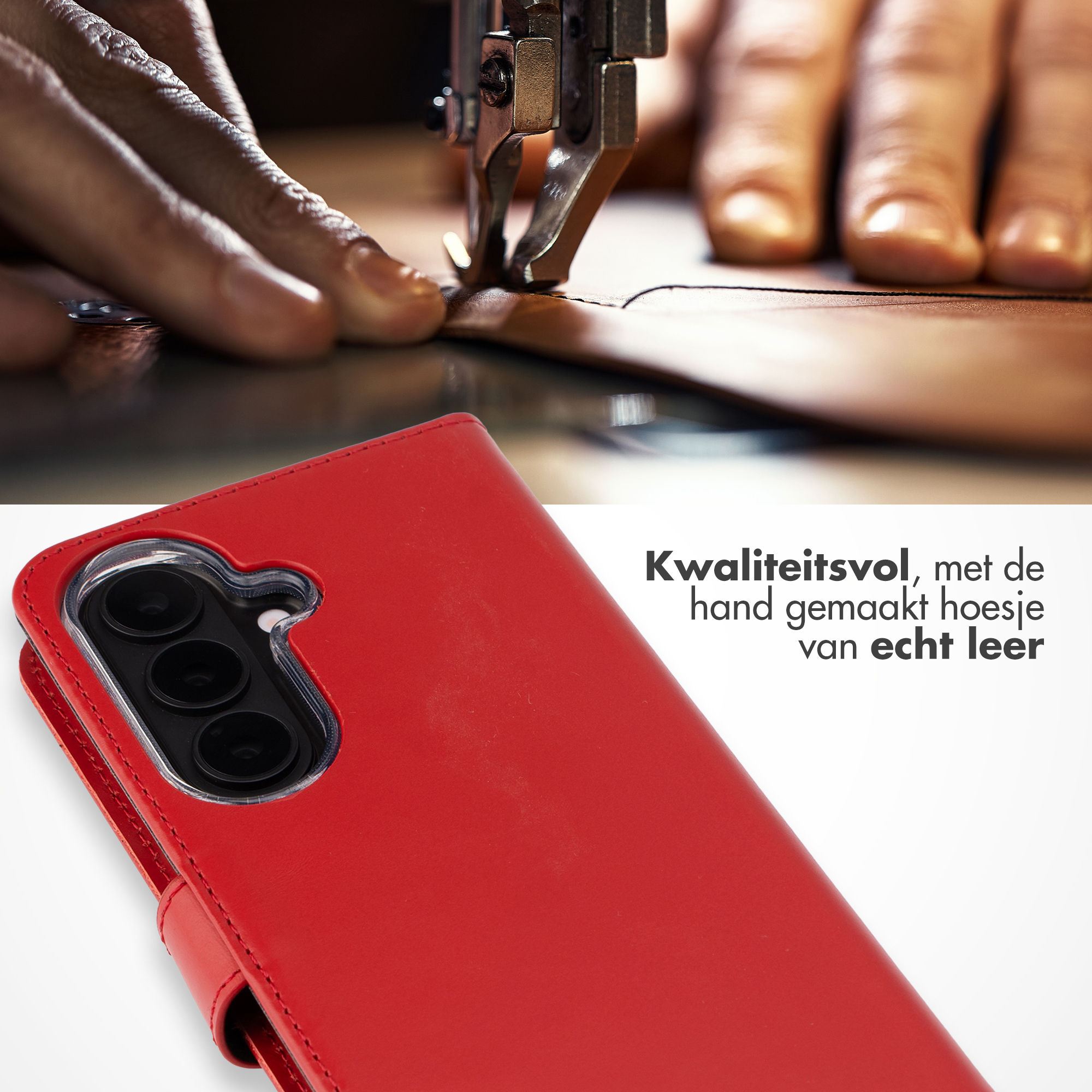 Handen naaien leer voor een rode telefoonhoes met naaimachine.
