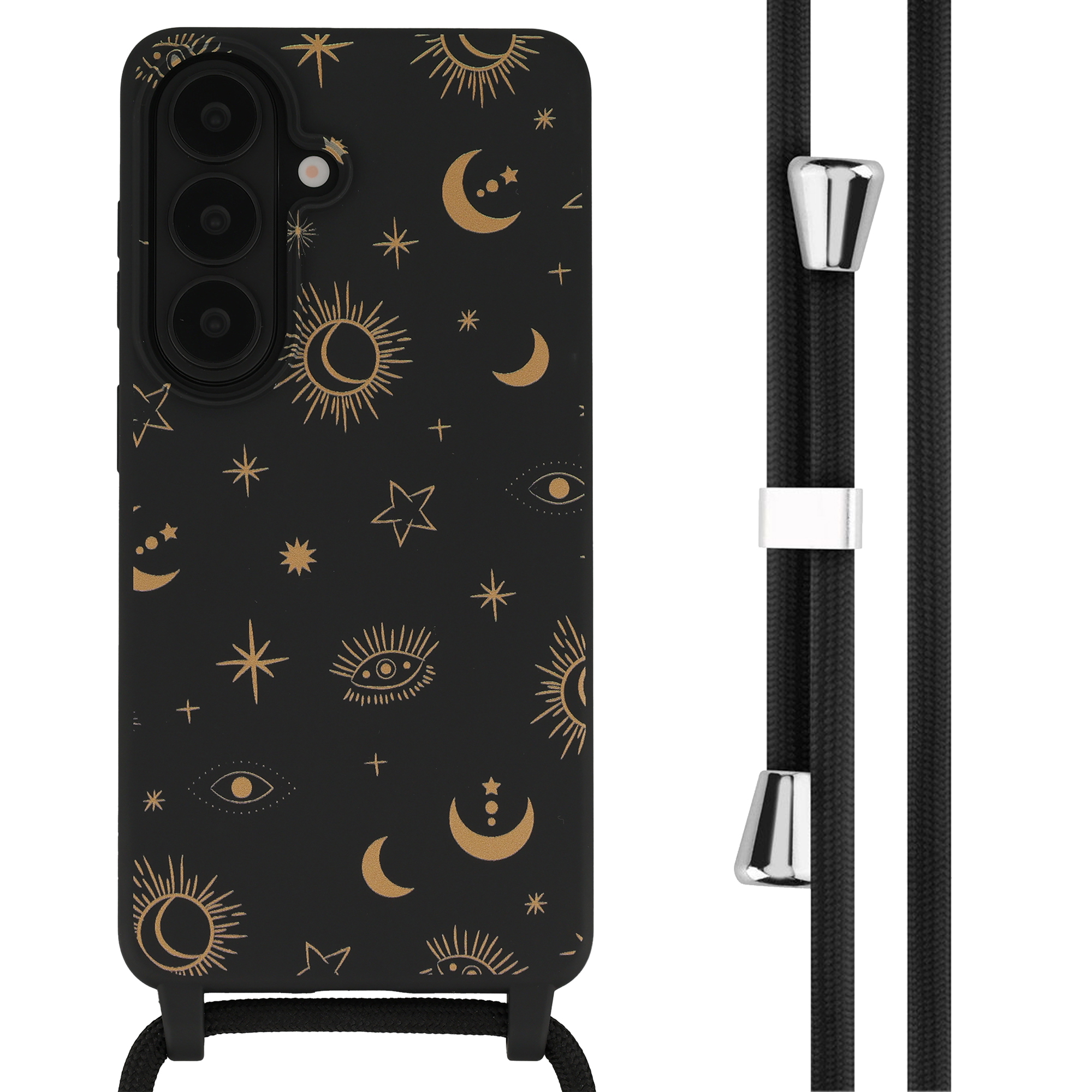 Coque noire pour téléphone avec motifs célestes dorés et cordon noir.