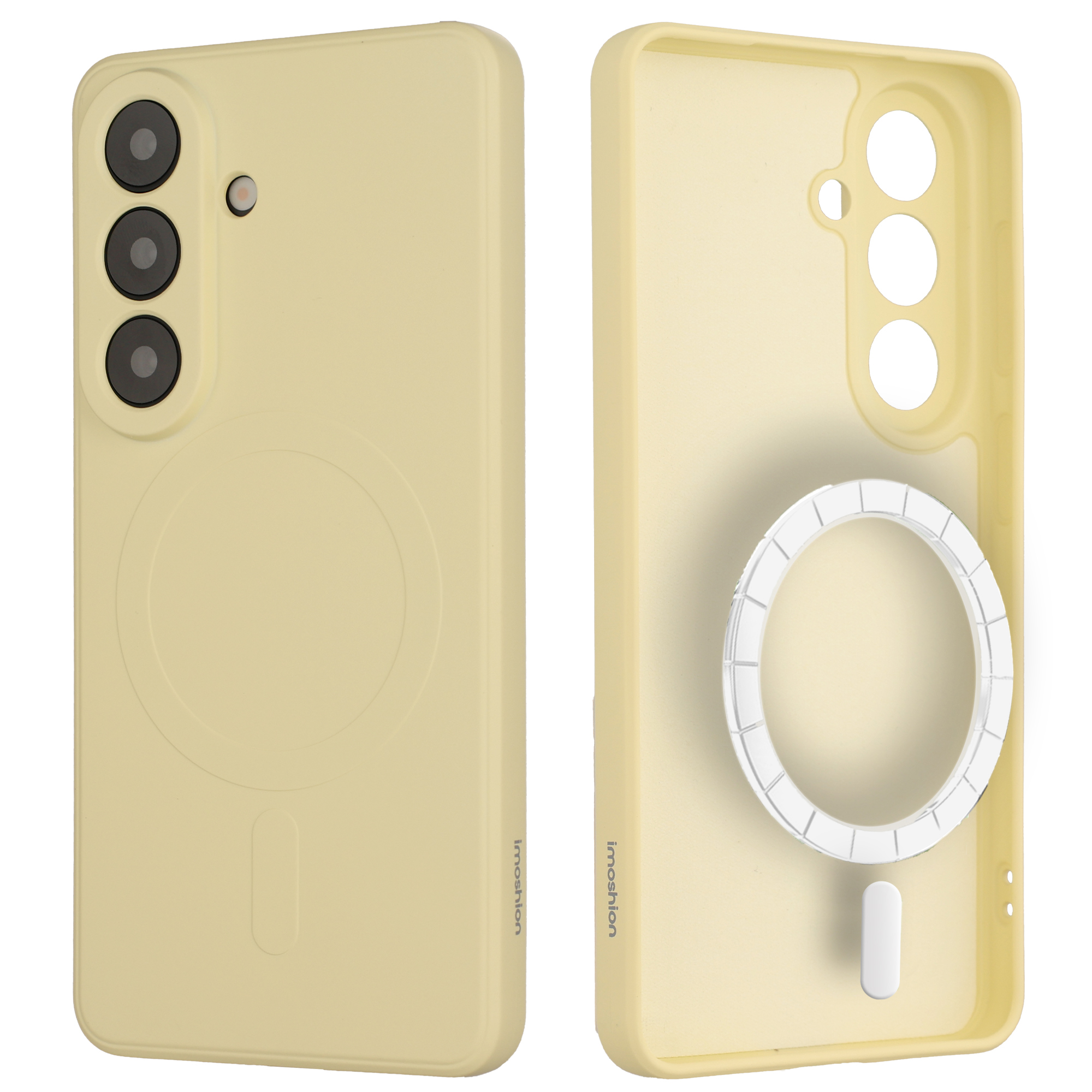 Une coque de téléphone jaune, avant et arrière, avec trois trous pour appareil photo.