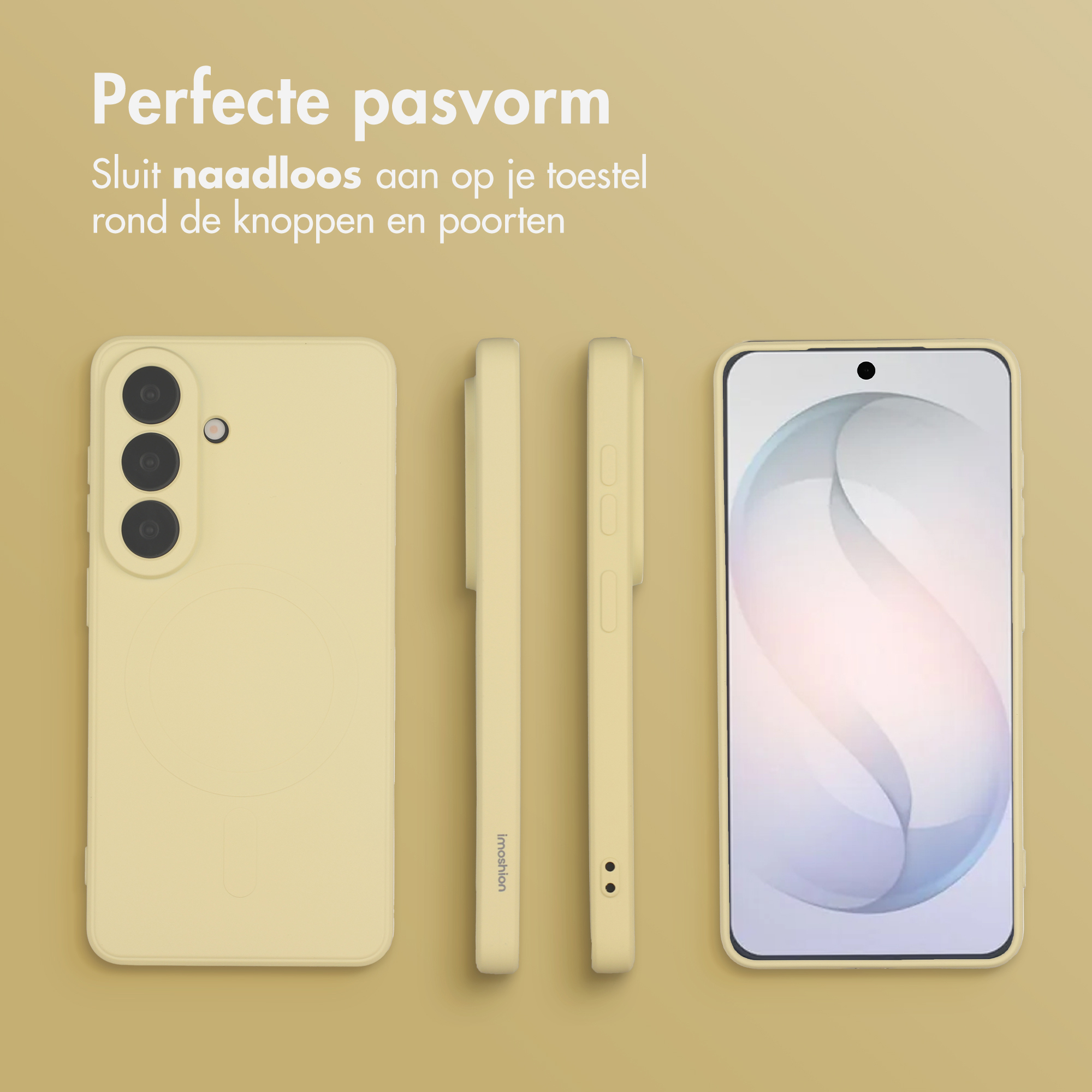 Coque de téléphone jaune clair, vue de face, de côté et écran. Ajustement parfait.