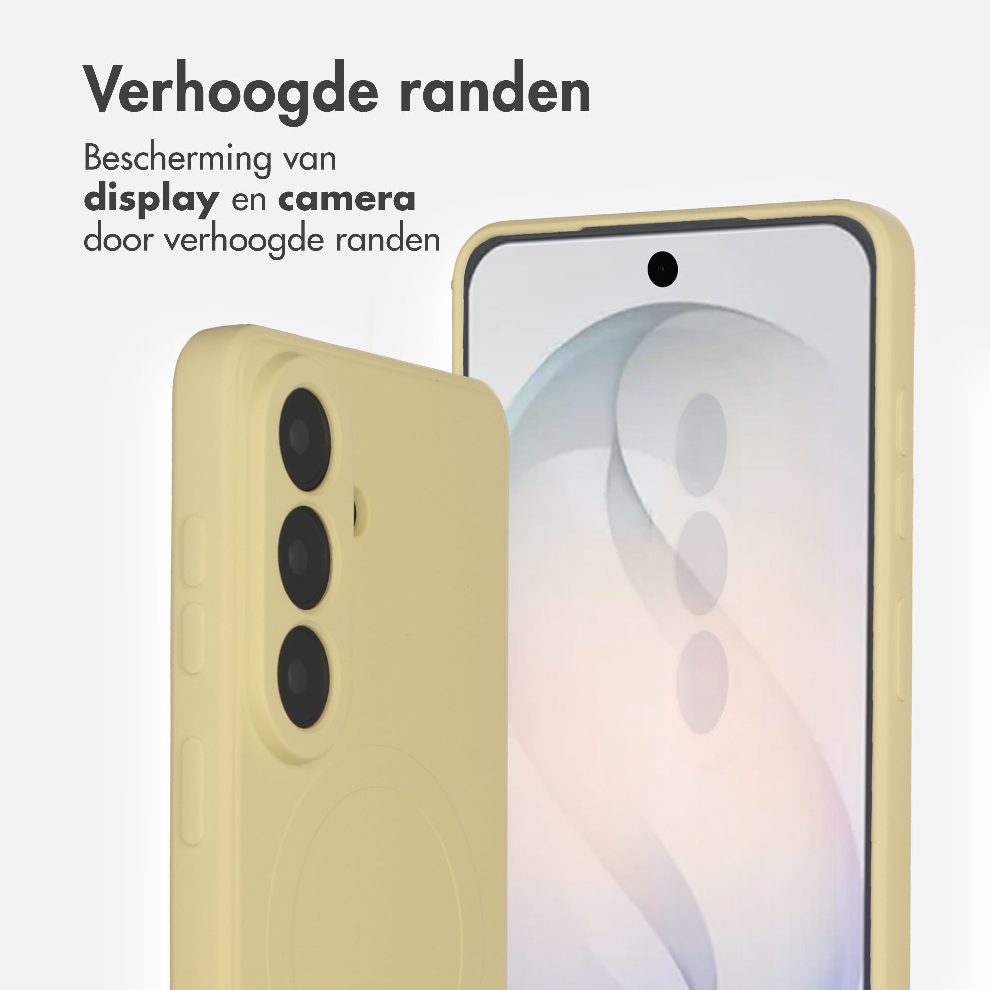 Une coque de téléphone jaune protège un smartphone avec trois objectifs et un écran.