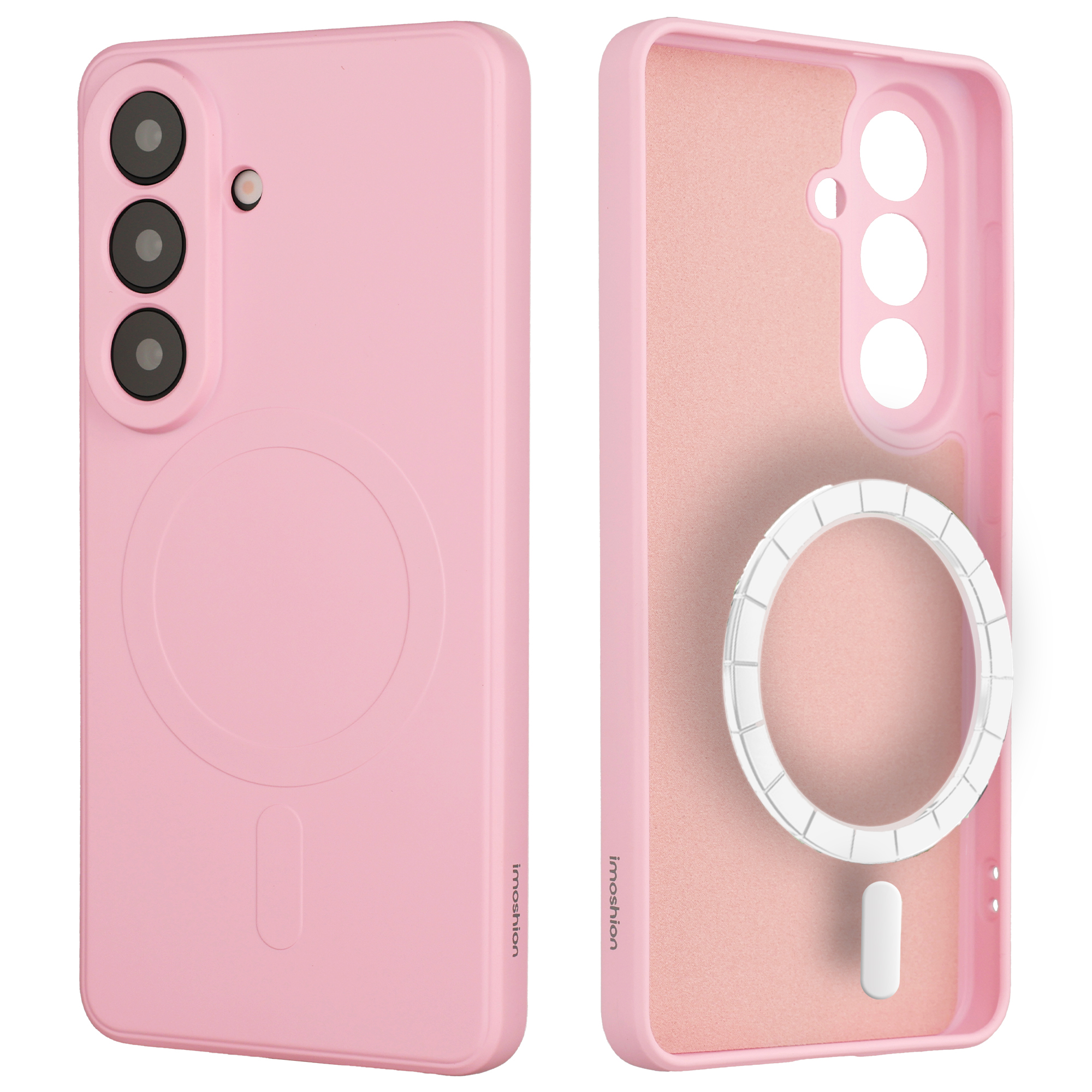 Coque de téléphone rose avec trois objectifs et un anneau magnétique.