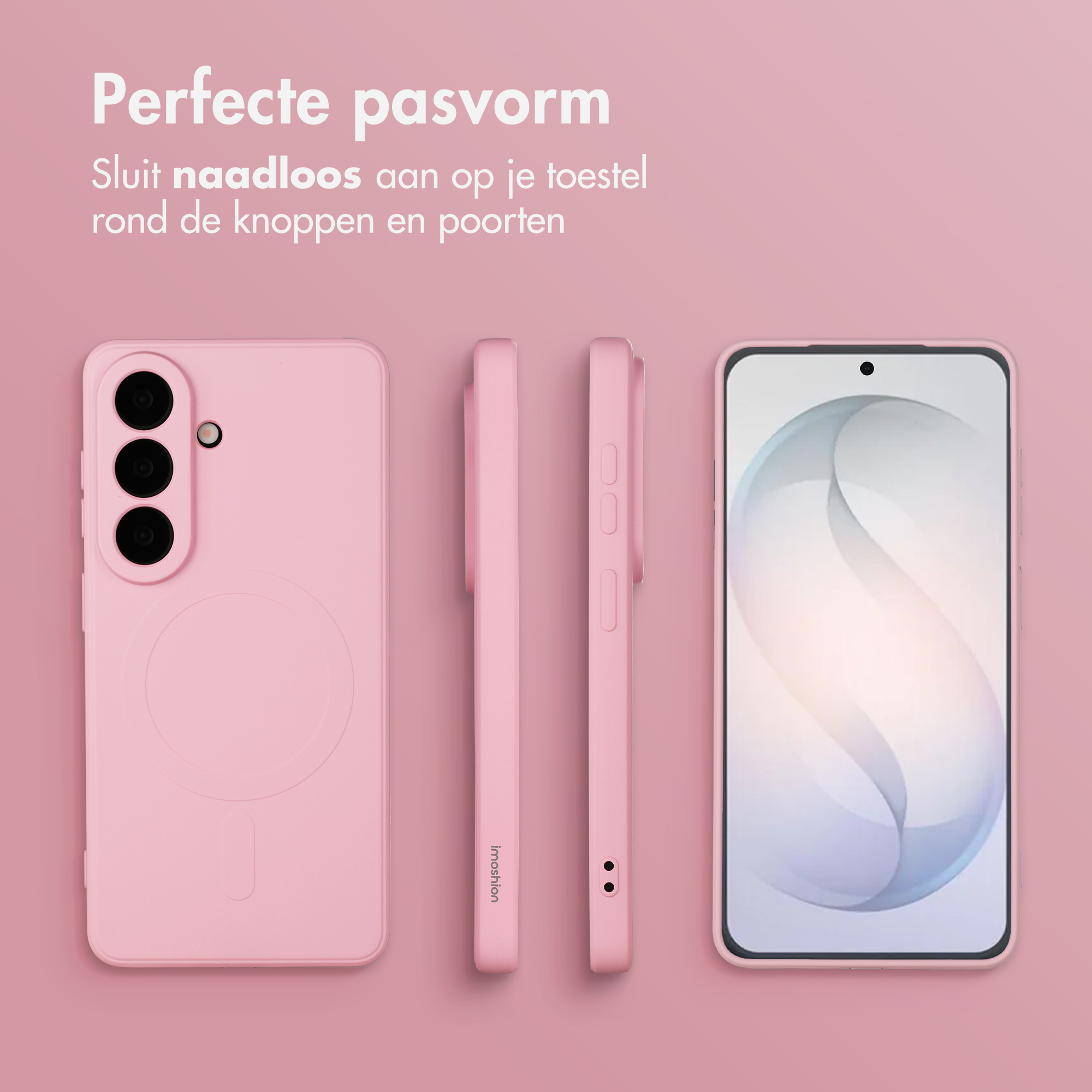 Une coque de téléphone rose montrée de face et de côté, avec écran.