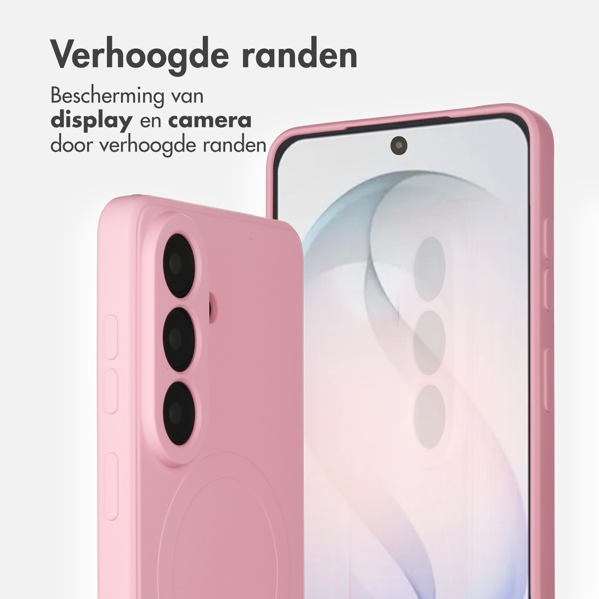 Une coque de téléphone rose avec trois objectifs d'appareil photo et un téléphone.
