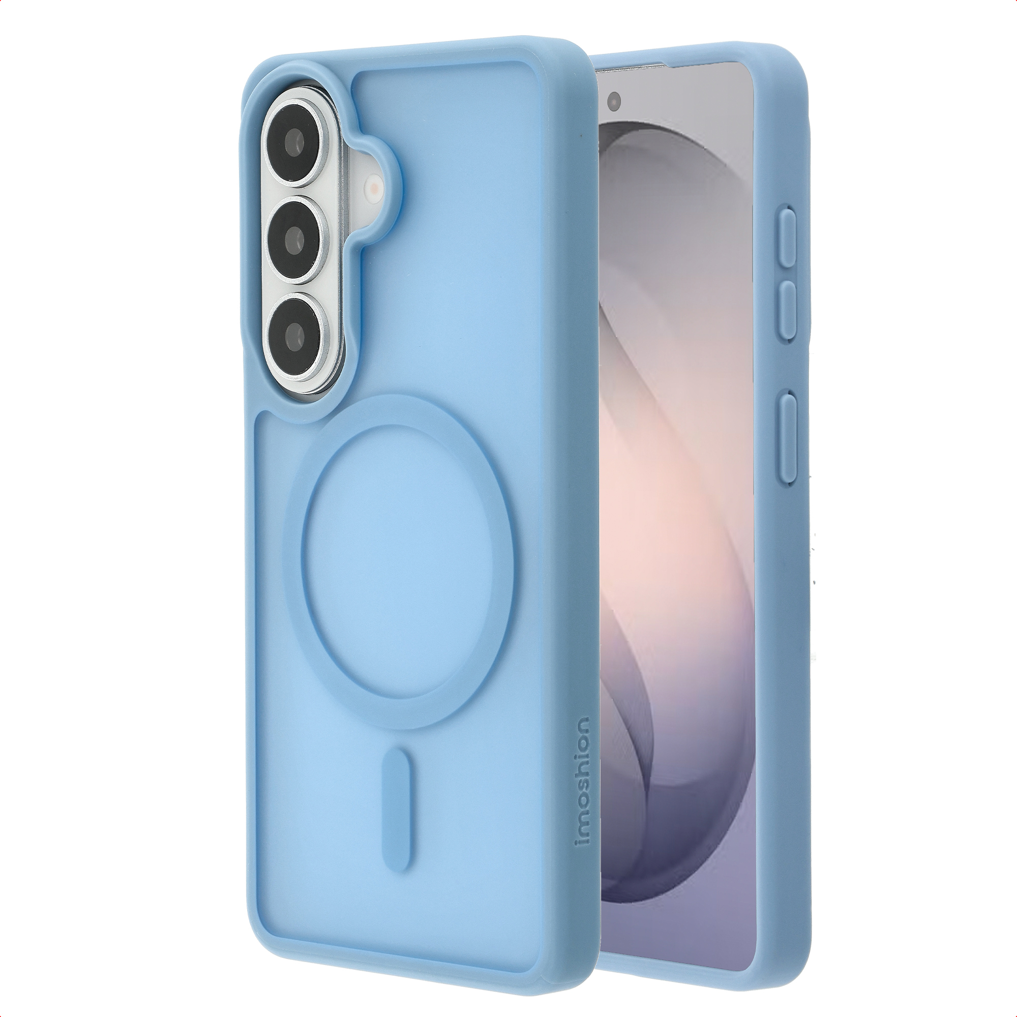 Coque de téléphone bleu clair avec découpe caméra et anneau magnétique. Le téléphone est partiellement visible.