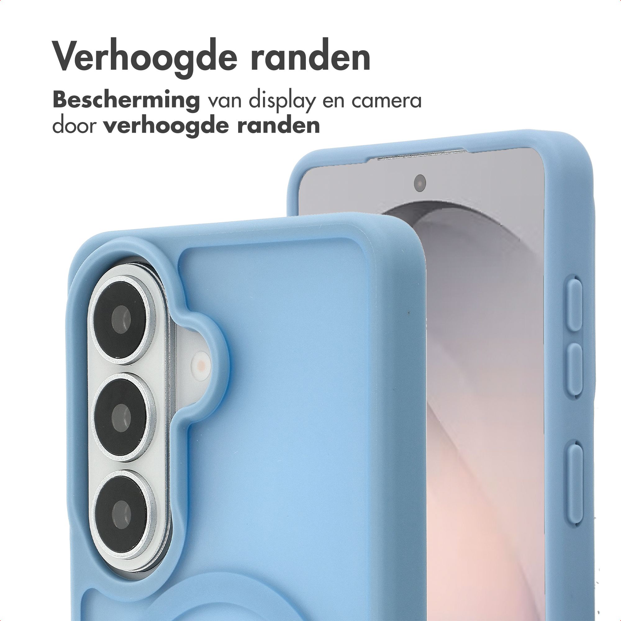 Coque de téléphone bleu clair à bords surélevés protégeant l'appareil photo et l'écran.