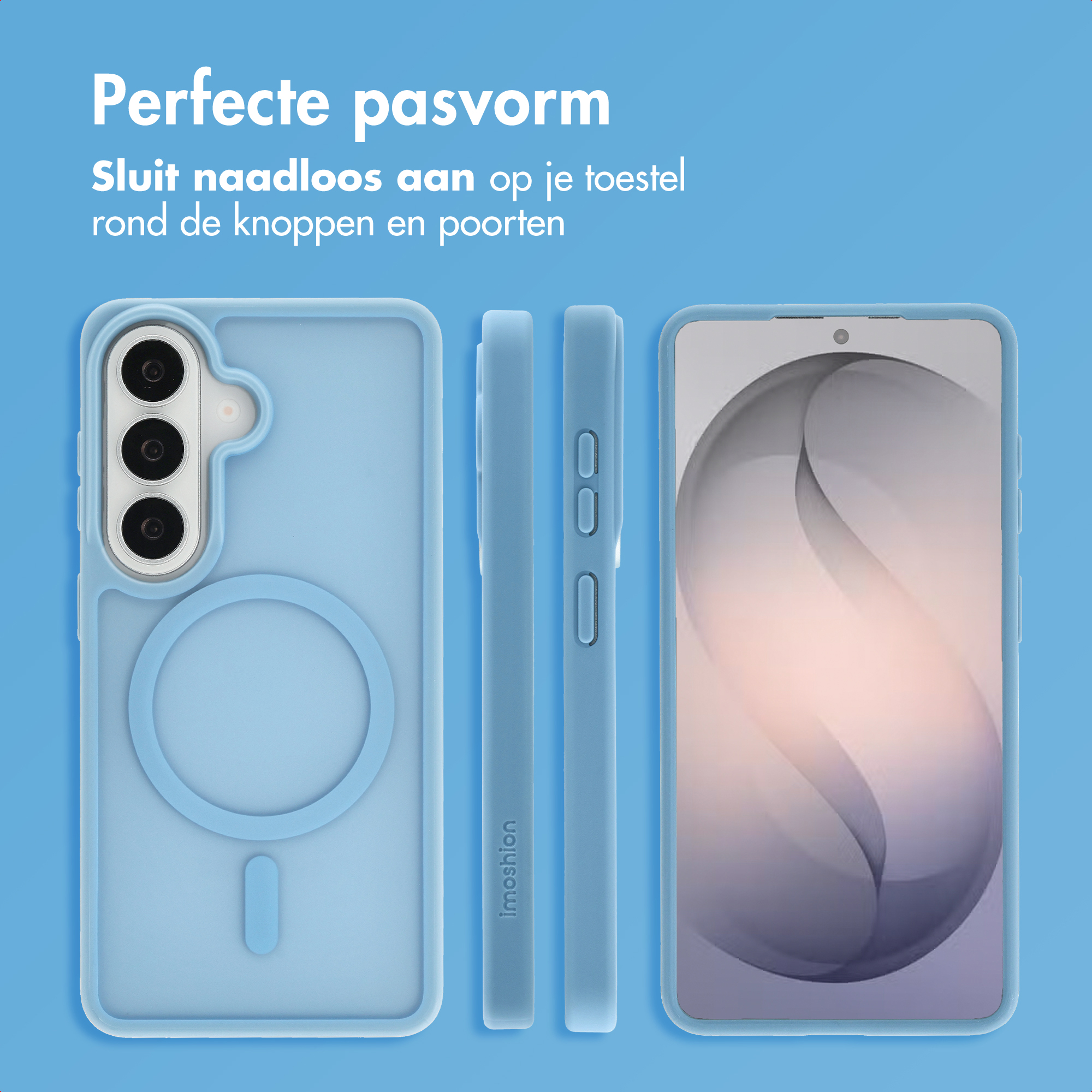 Coque de téléphone bleu clair avec anneau magnétique et vue.
