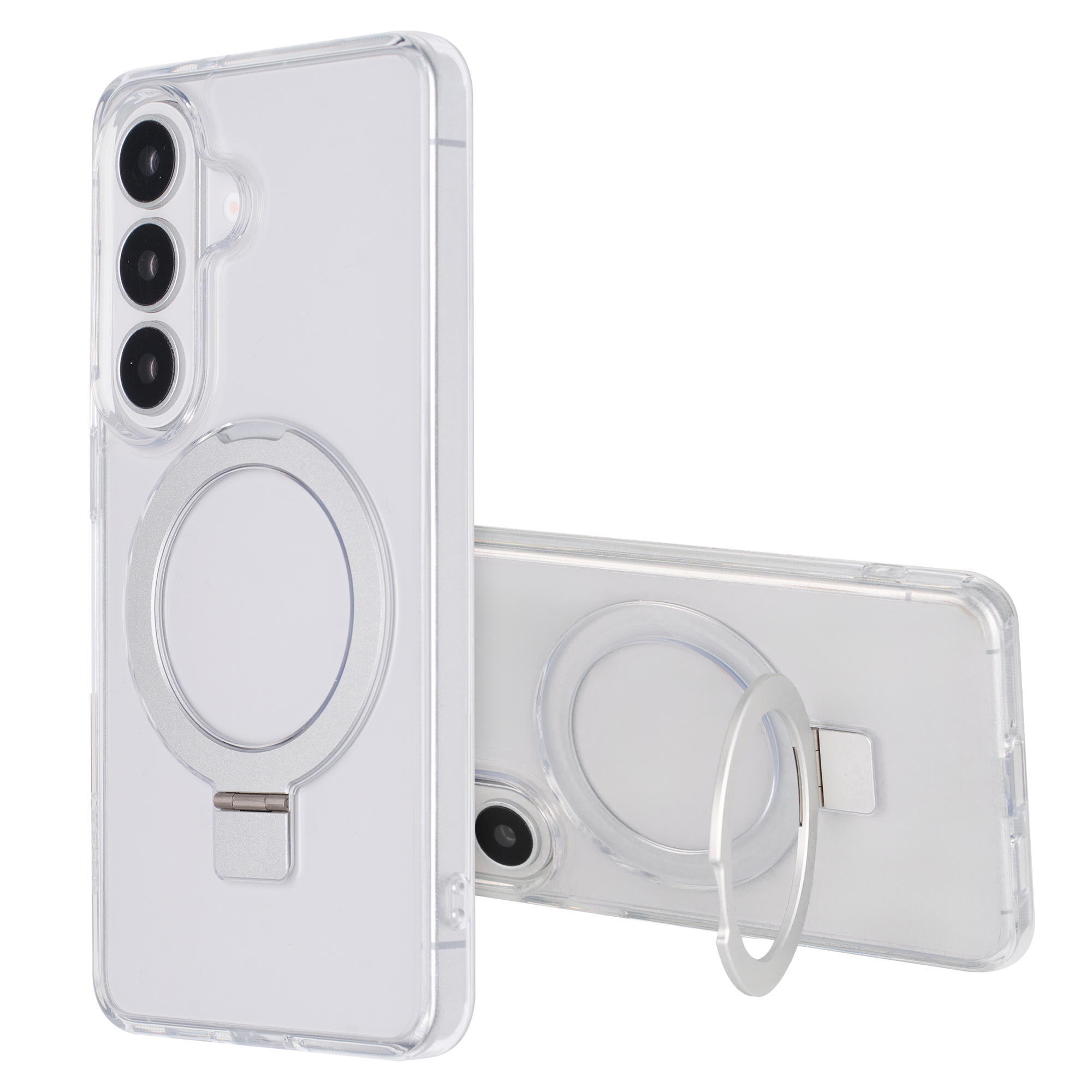 Coque de téléphone transparente avec support à anneau et trois caméras.