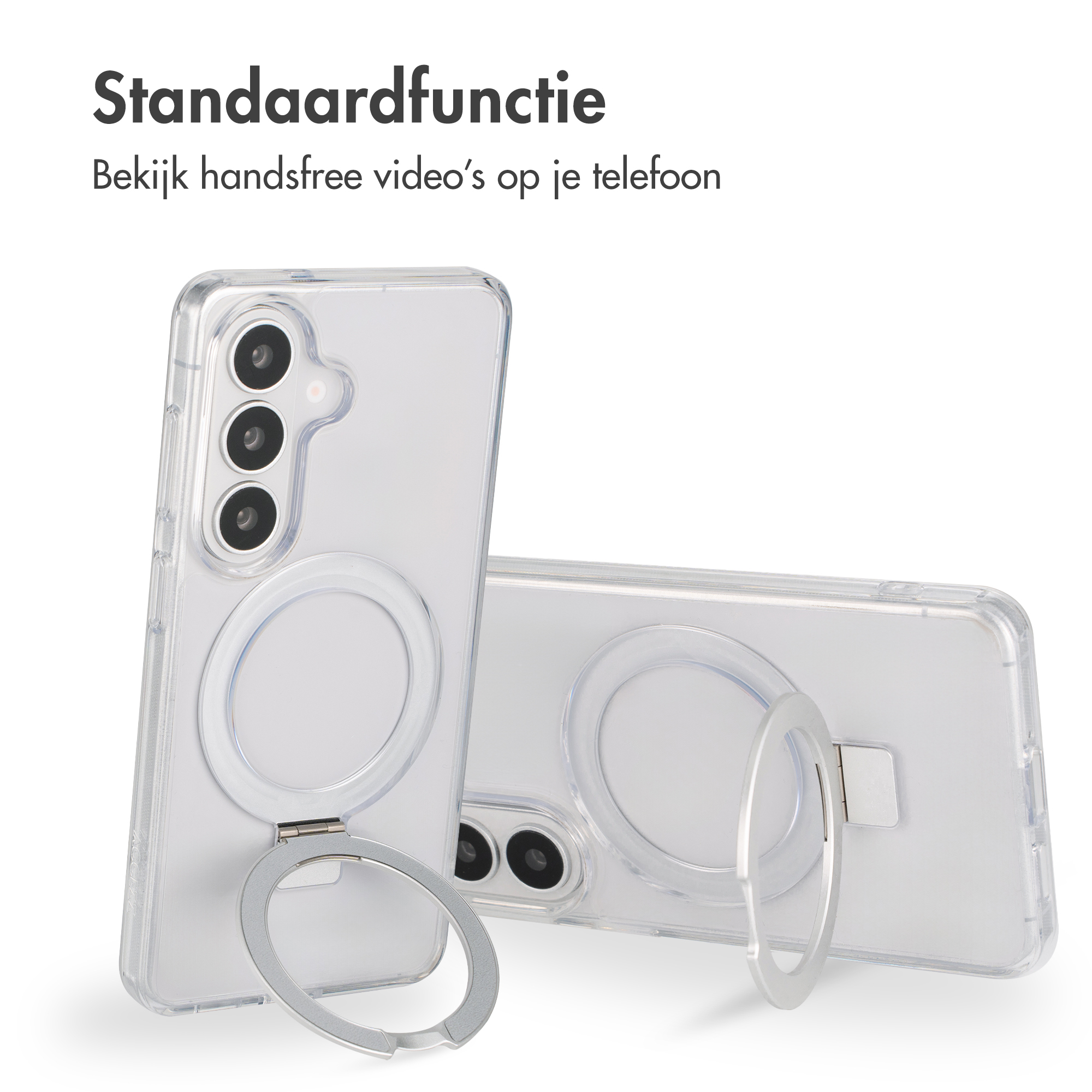 Coque de téléphone transparente avec support anneau argenté pour visualisation mains libres.