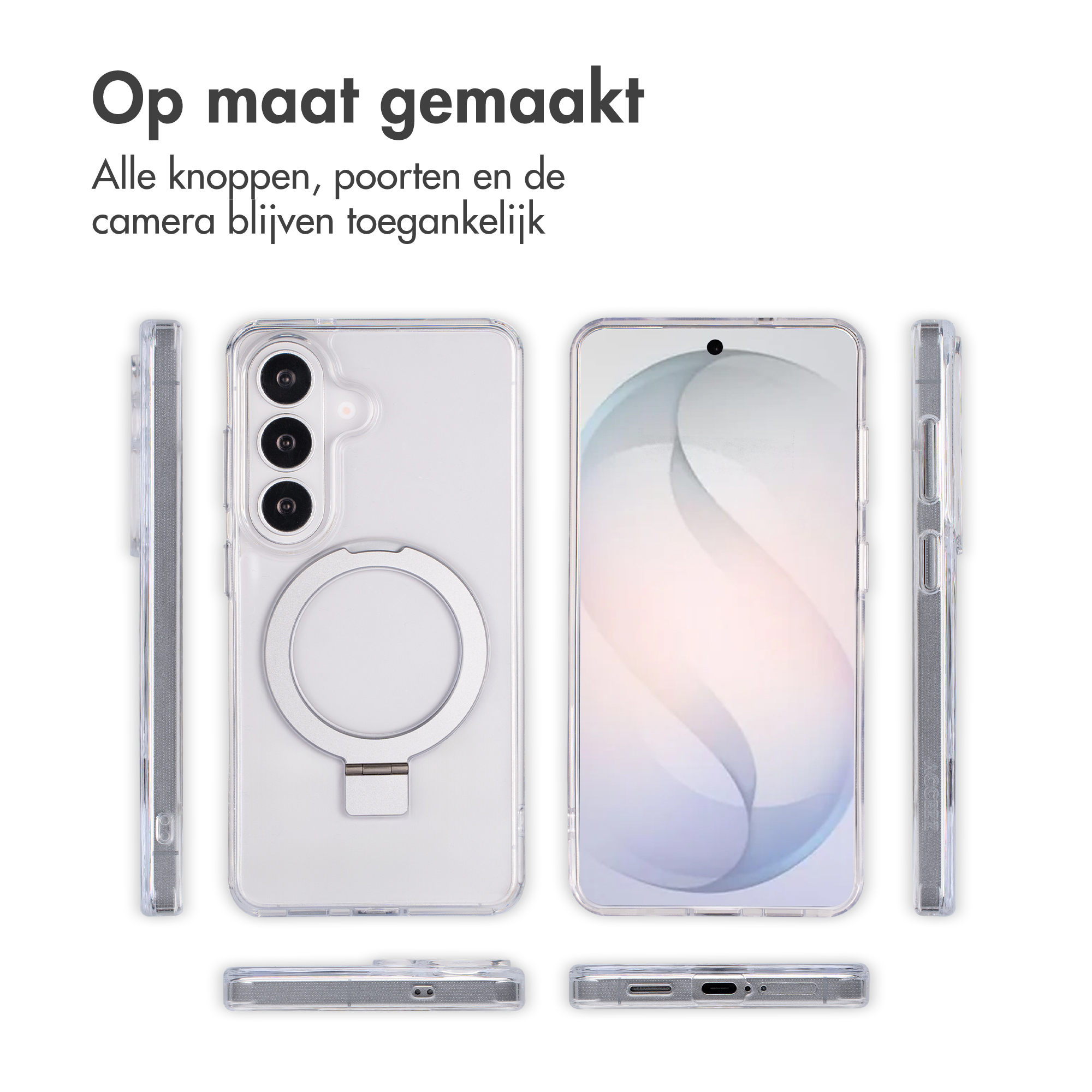 Coque de téléphone transparente avec anneau et béquille.