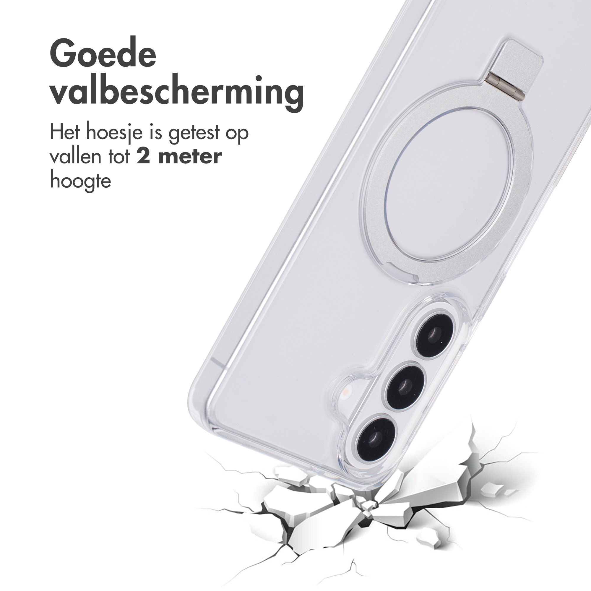 Coque de téléphone transparente avec support anneau tombant sur sol craquelé.