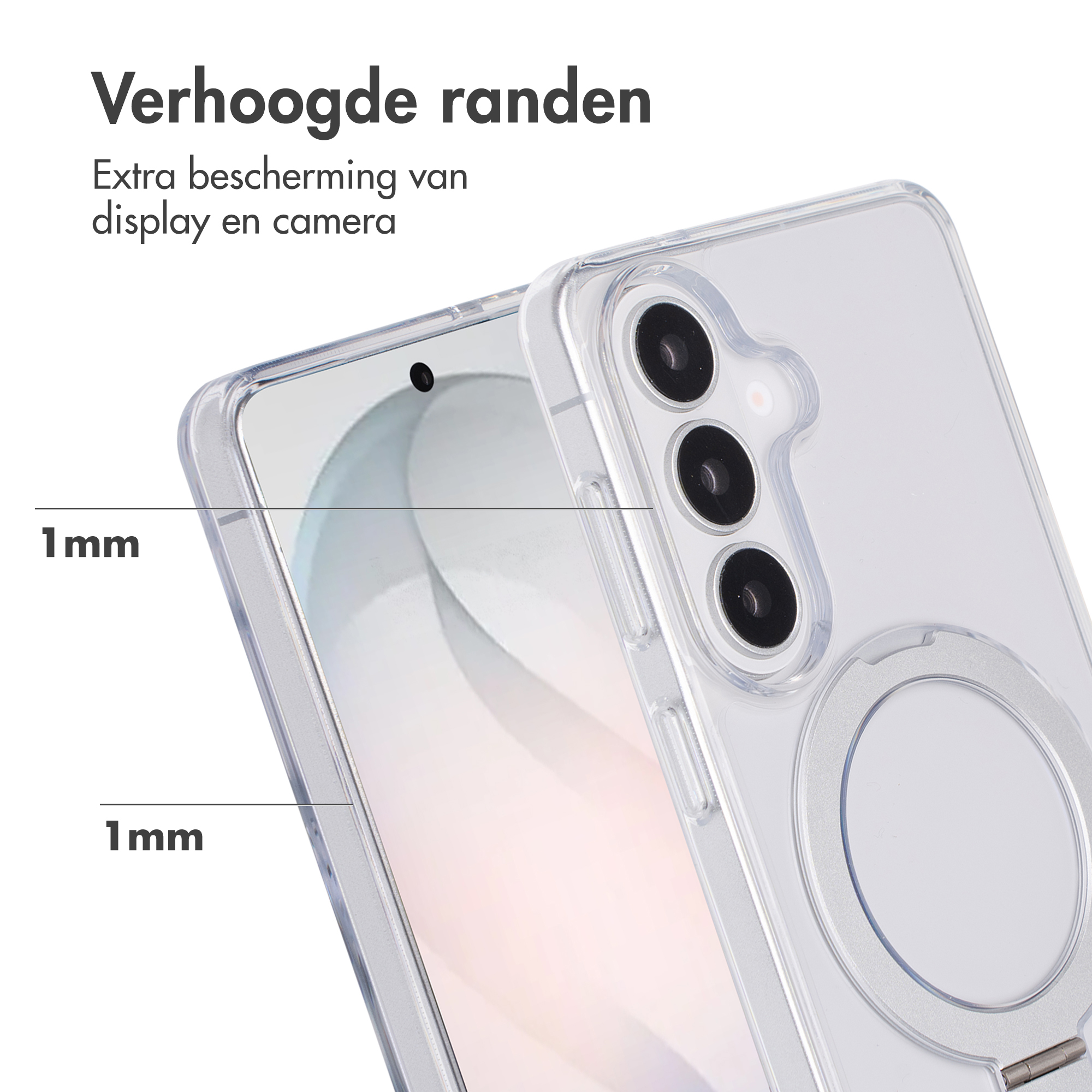 Coque transparente avec bords surélevés de 1mm pour écran et caméra.