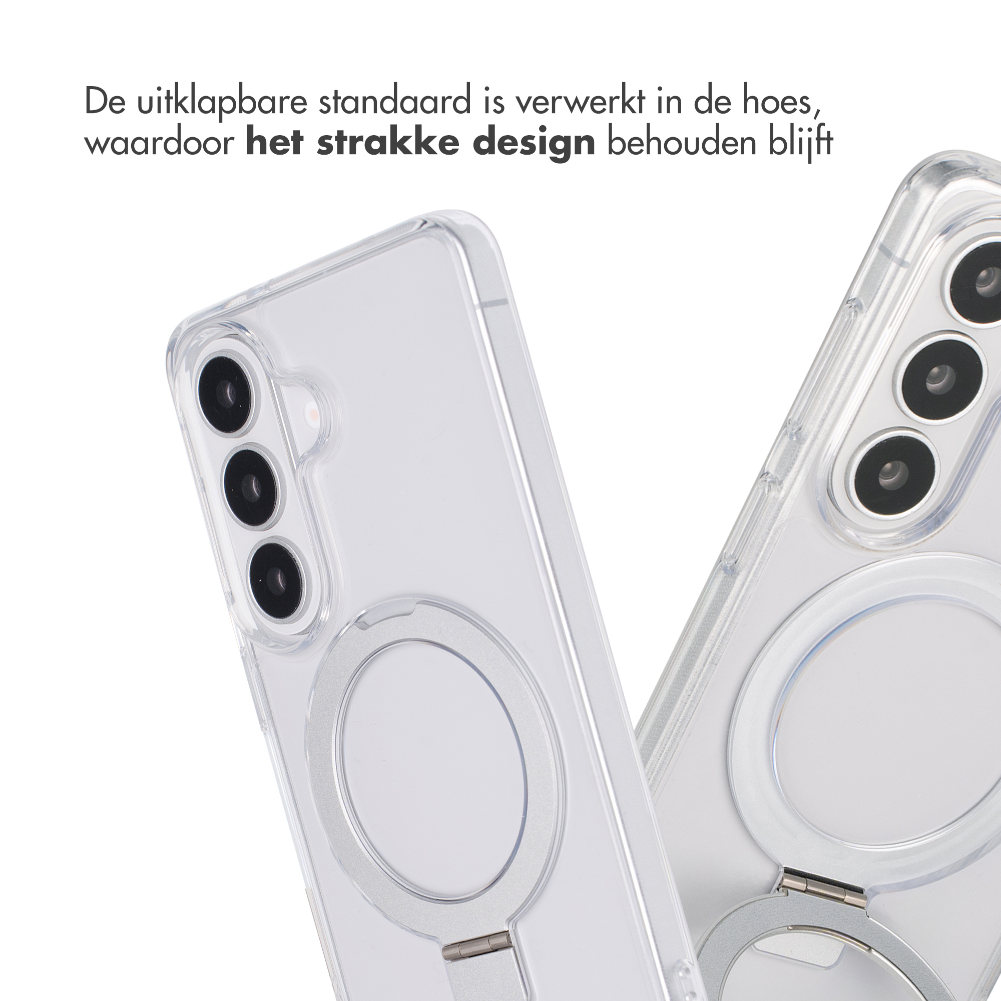 Deux coques de téléphone transparentes avec caméras et supports anneau.