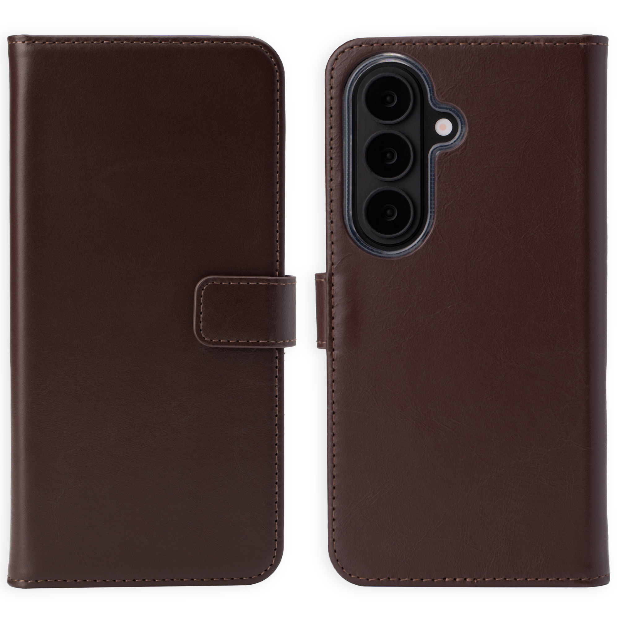 Bruine leren telefoonhoes, open getoond met camera-uitsparing.