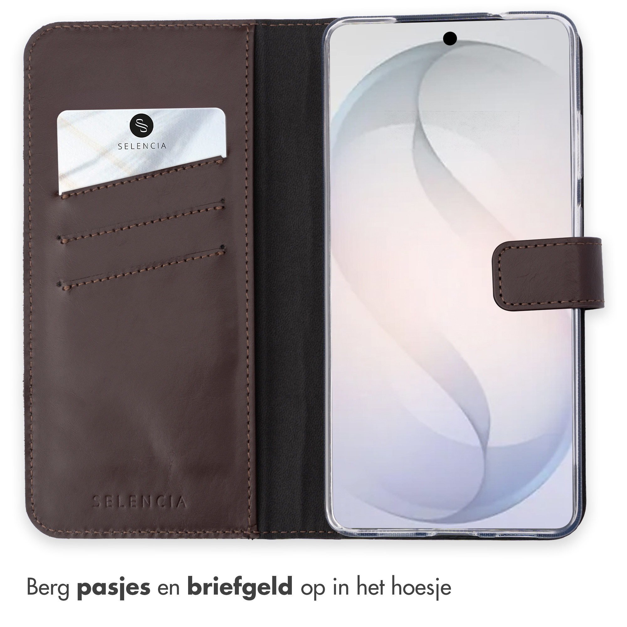 Bruine leren telefoonhoes met kaartsleuven en één kaart.