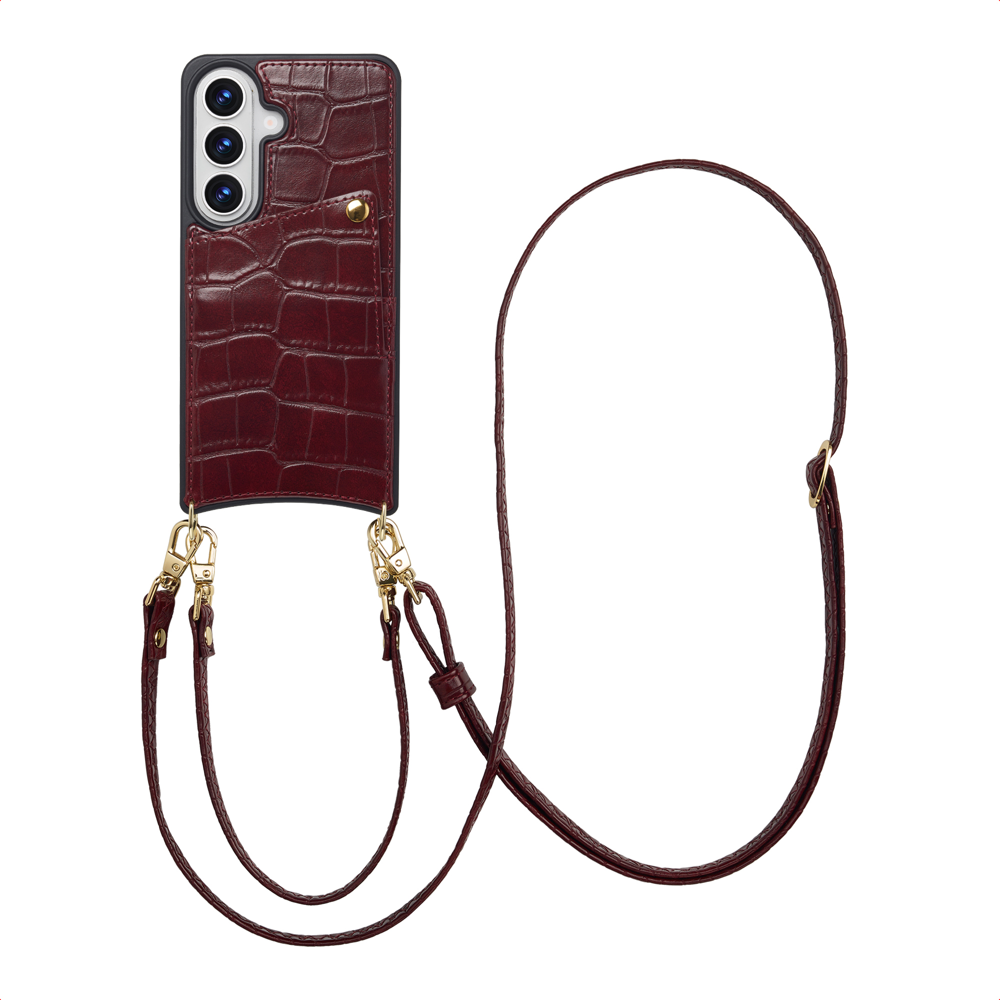 Donkerrode krokodillenleren telefoonhoes met drie camera's en een riem.