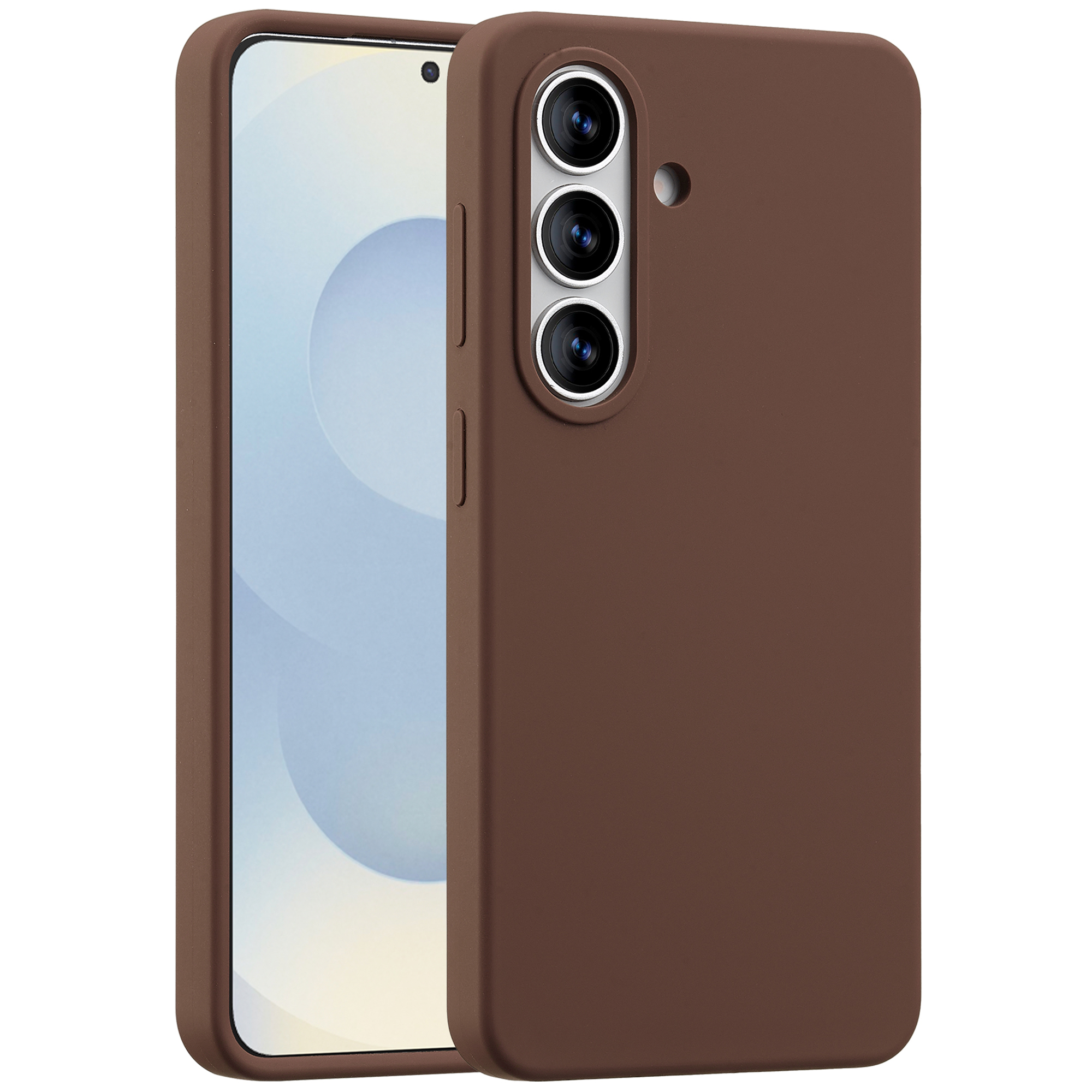 Bruine telefoonhoes met drievoudige camera-uitsparing op witte achtergrond.