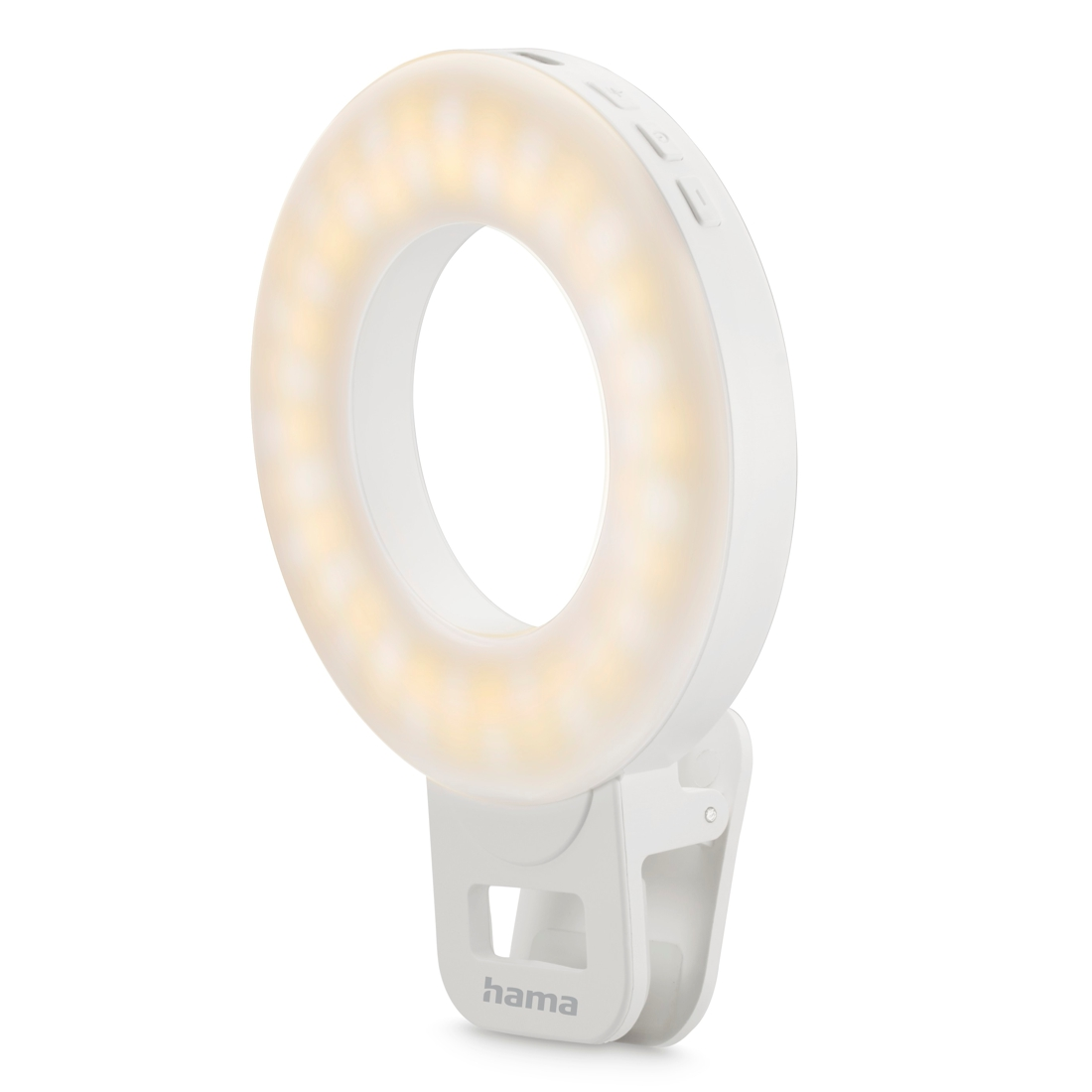 Białe światło pierścieniowe z klipsem i logo Hama.