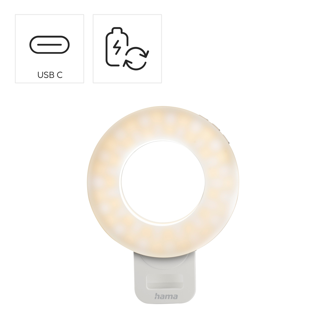 Lampka pierścieniowa ze złączem USB-C i ikoną baterii.