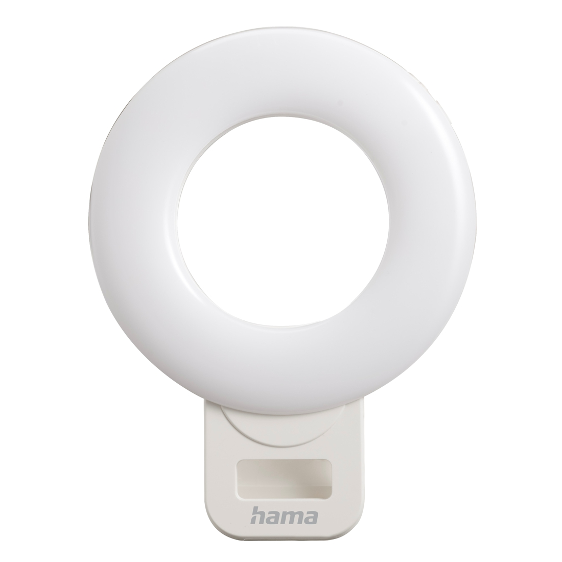 Biały klipsowy reflektor do światła pierścieniowego z logo Hama na białym tle.