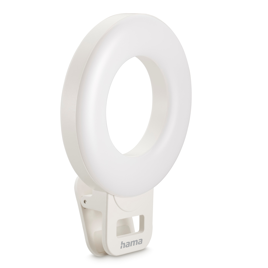 Białe światło pierścieniowe z klipsem i logo Hama.