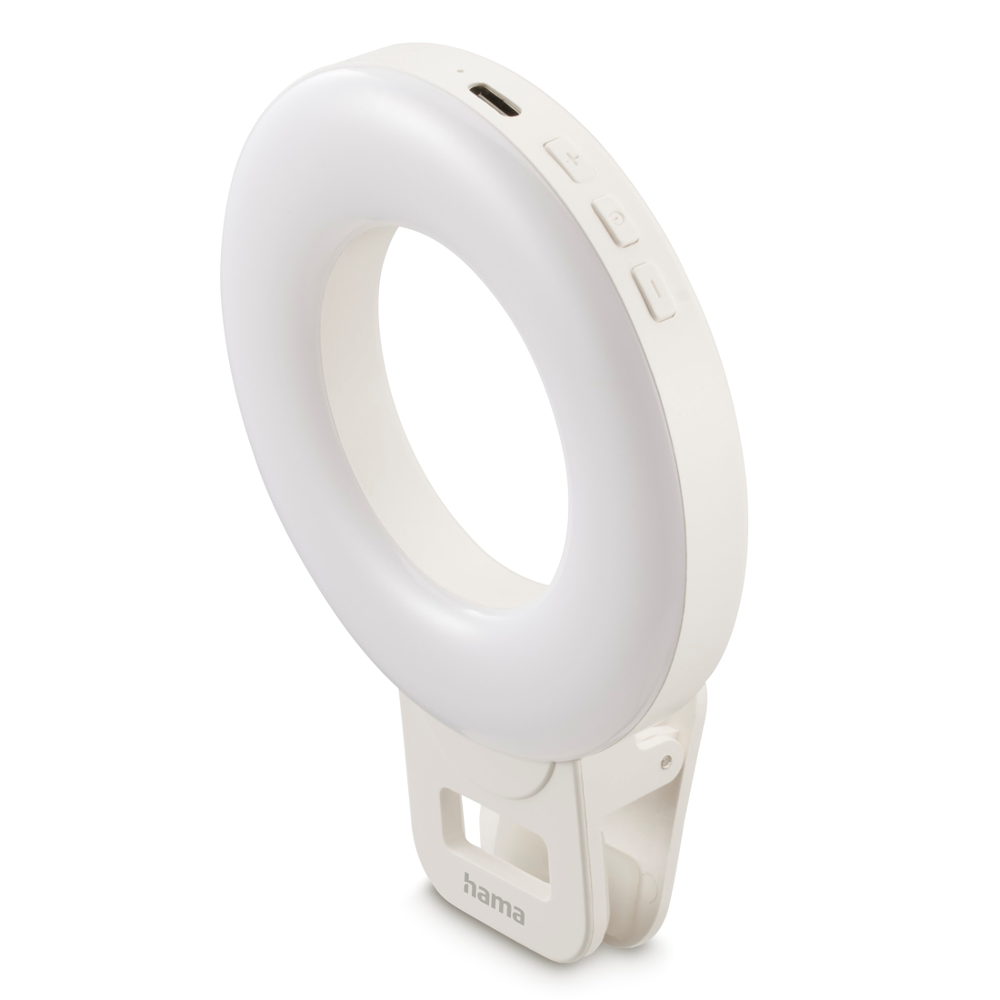 Biały klips lampy pierścieniowej z portem USB i przyciskami.