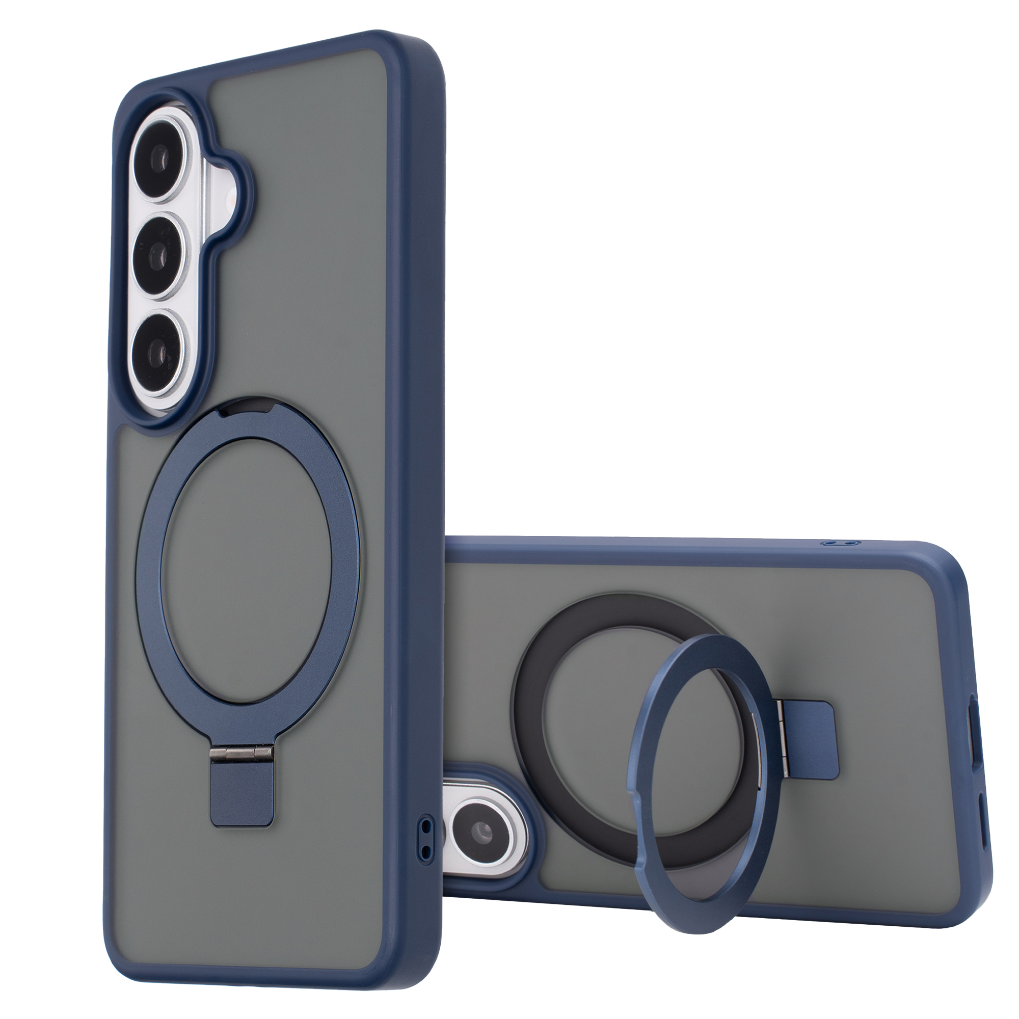 Coque de téléphone grise avec cadre bleu et anneau intégré.