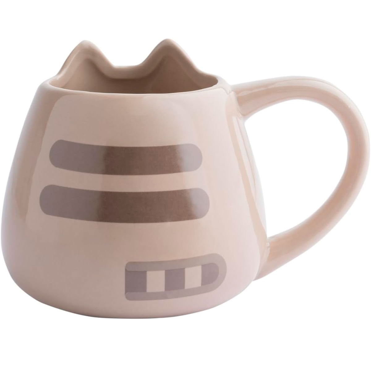 Una taza de gato beige con rayas y orejas marrones.