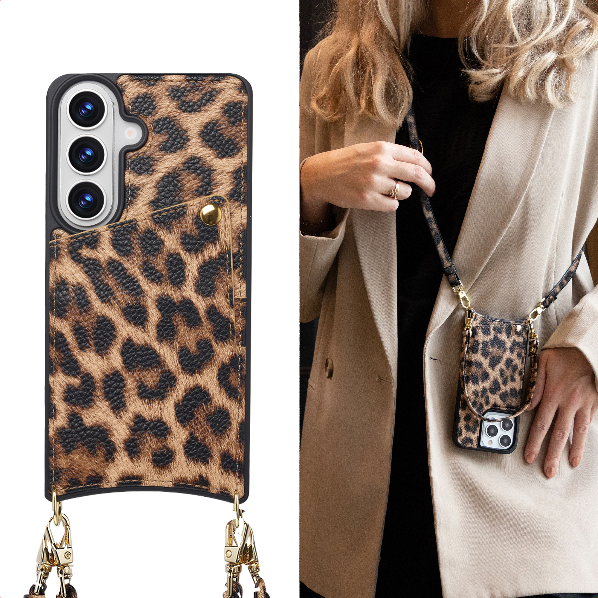 Leren telefoonhoes met luipaardprint, bandje en kaarthouder.
