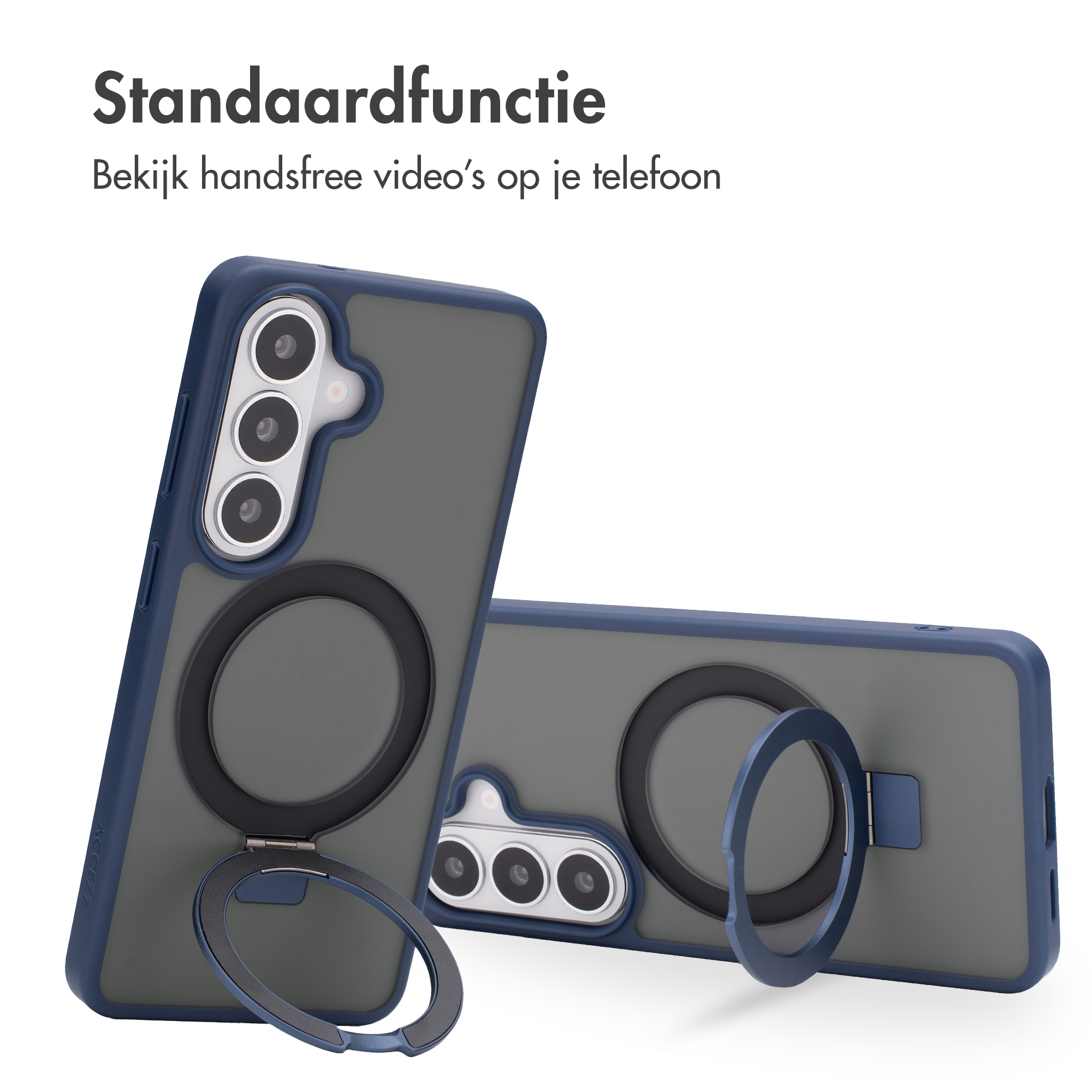 Coque de téléphone bleue avec support anneau et découpe caméra.