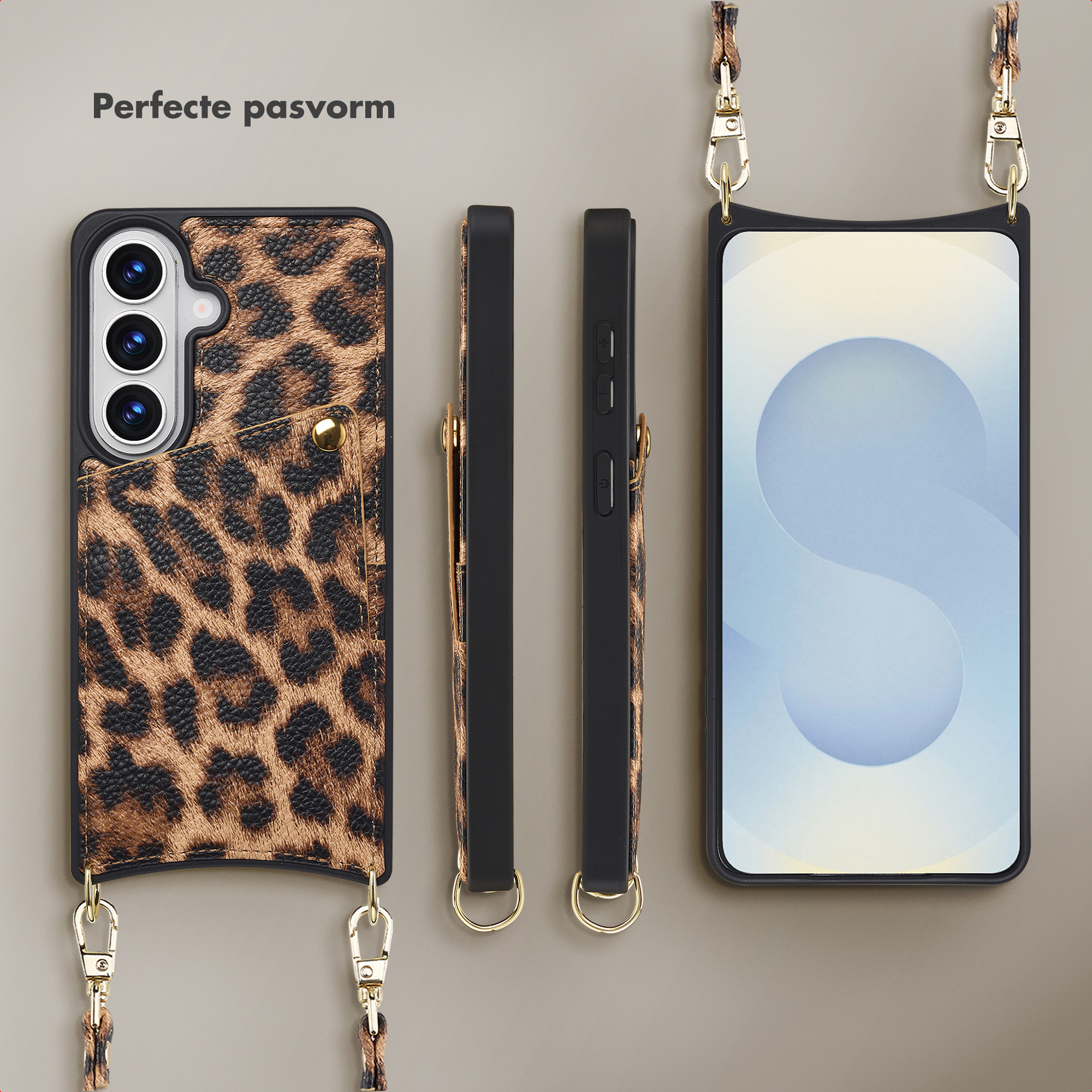 Leopard print telefoonhoes met bandje en telefoon, perfecte pasvorm.