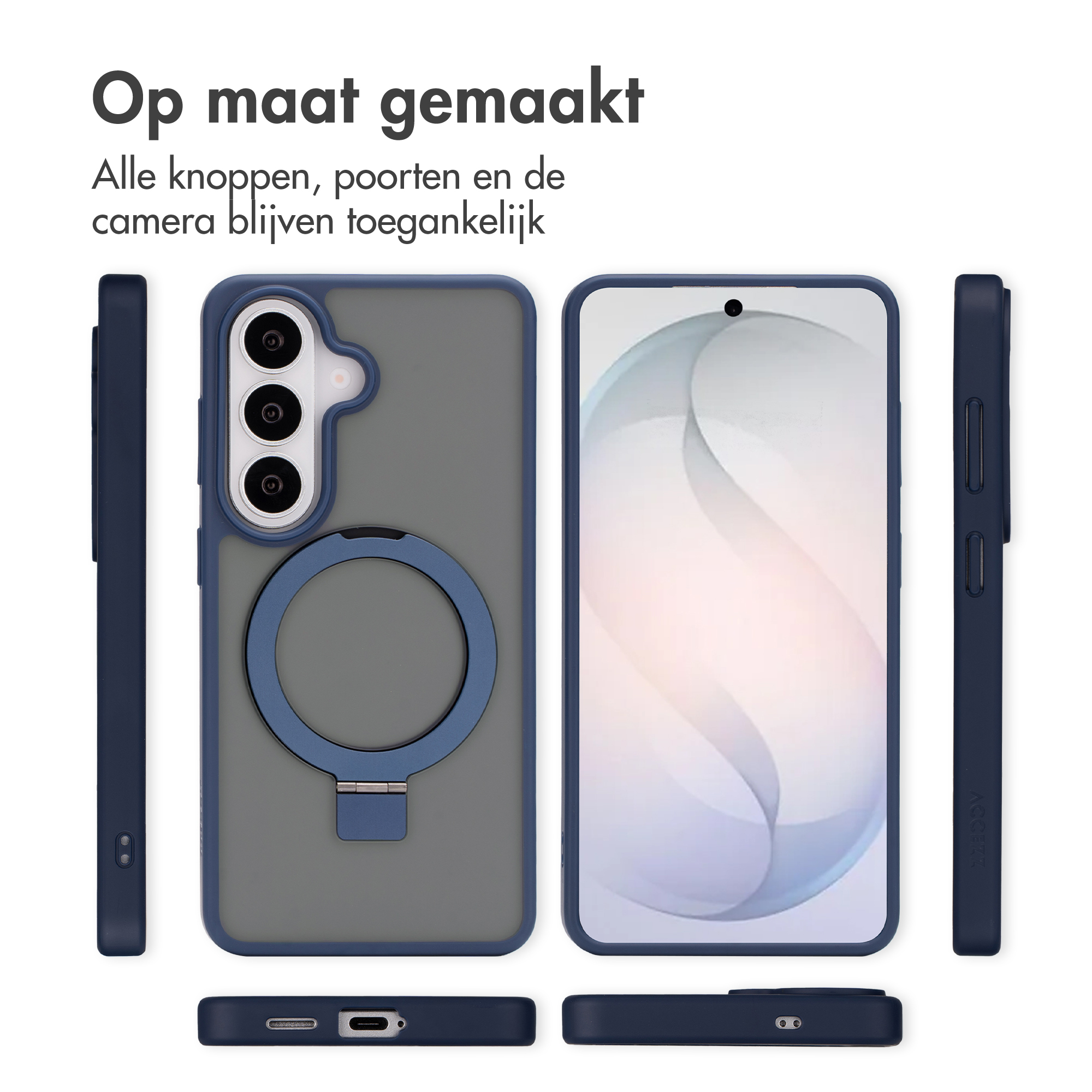 Coque de téléphone bleu foncé avec support anneau et dos transparent.