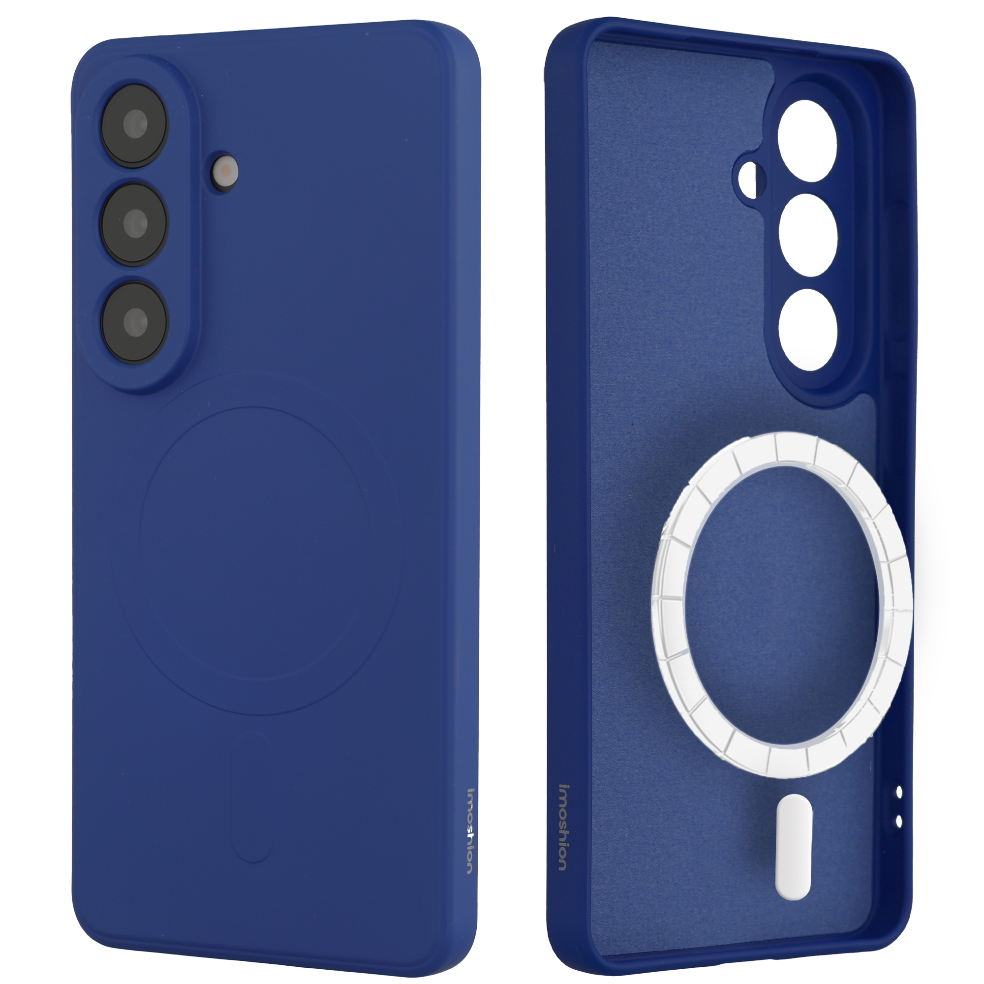 Une coque de téléphone bleue avec découpe caméra et anneau magnétique.