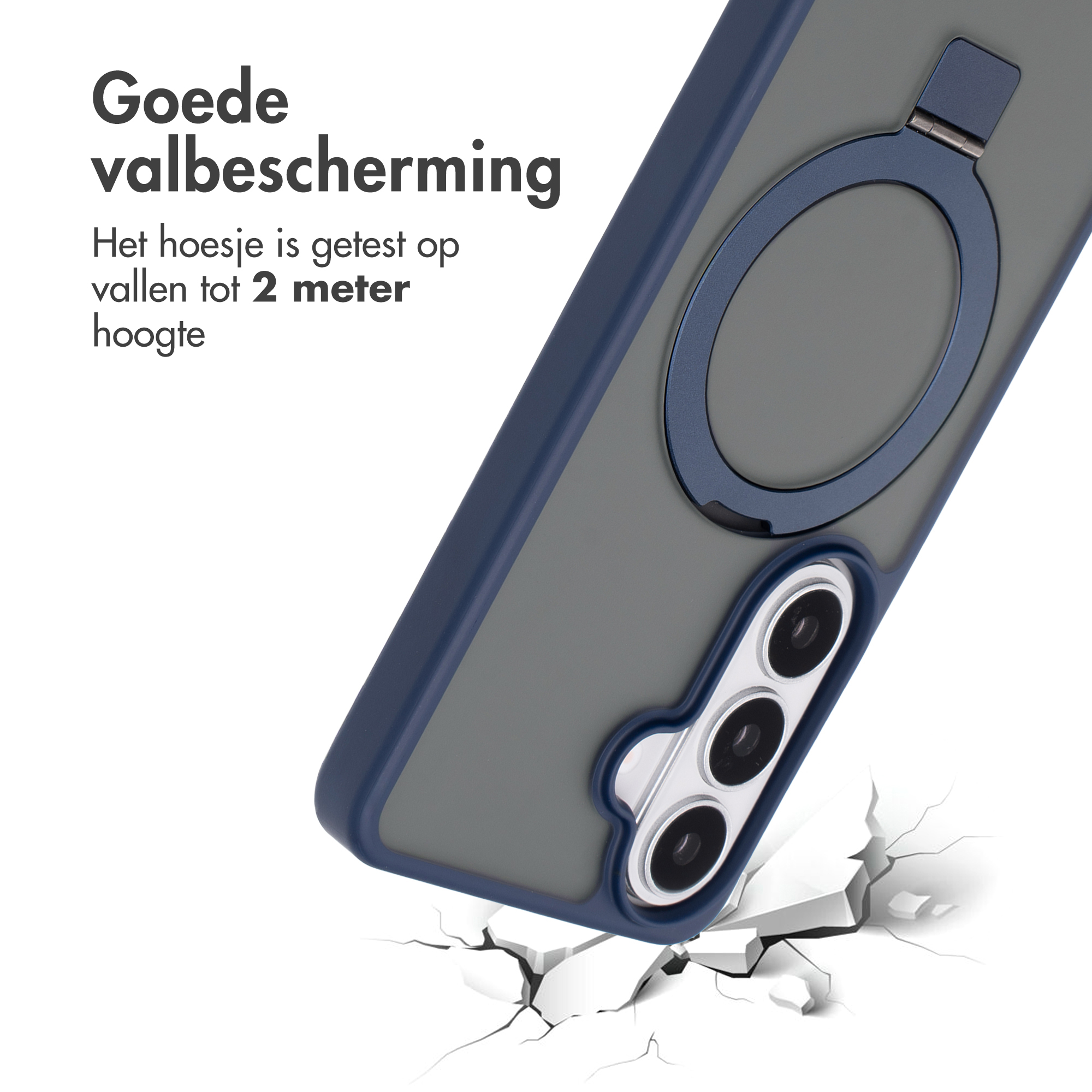 Coque grise avec anneau bleu et protection caméra, heurtant des fissures.