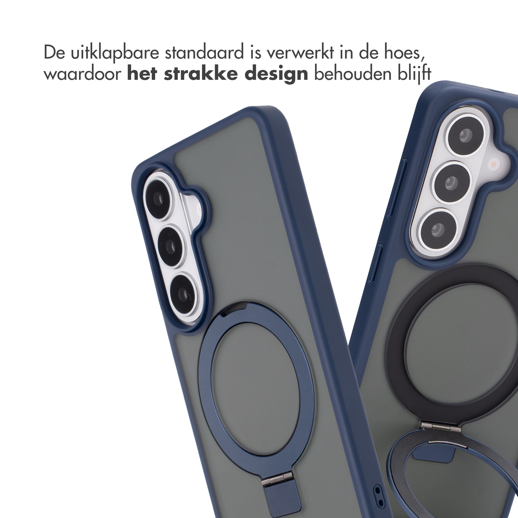Deux coques de téléphone bleu foncé et gris avec support anneau.