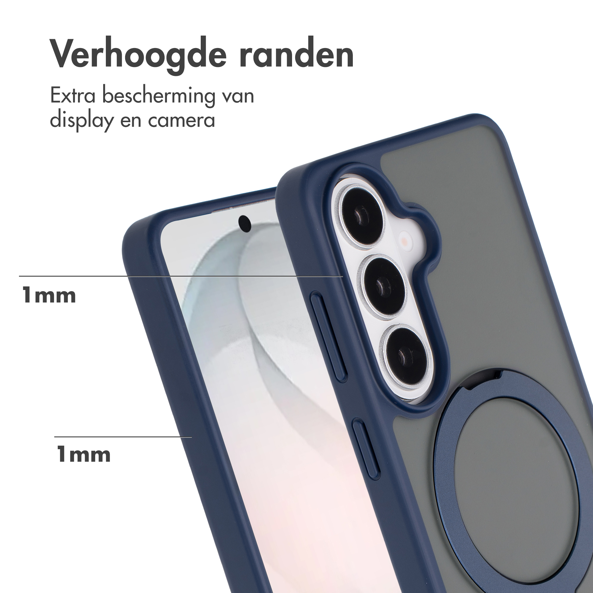 Coque de téléphone bleu foncé et grise avec bords surélevés pour appareil photo et écran.
