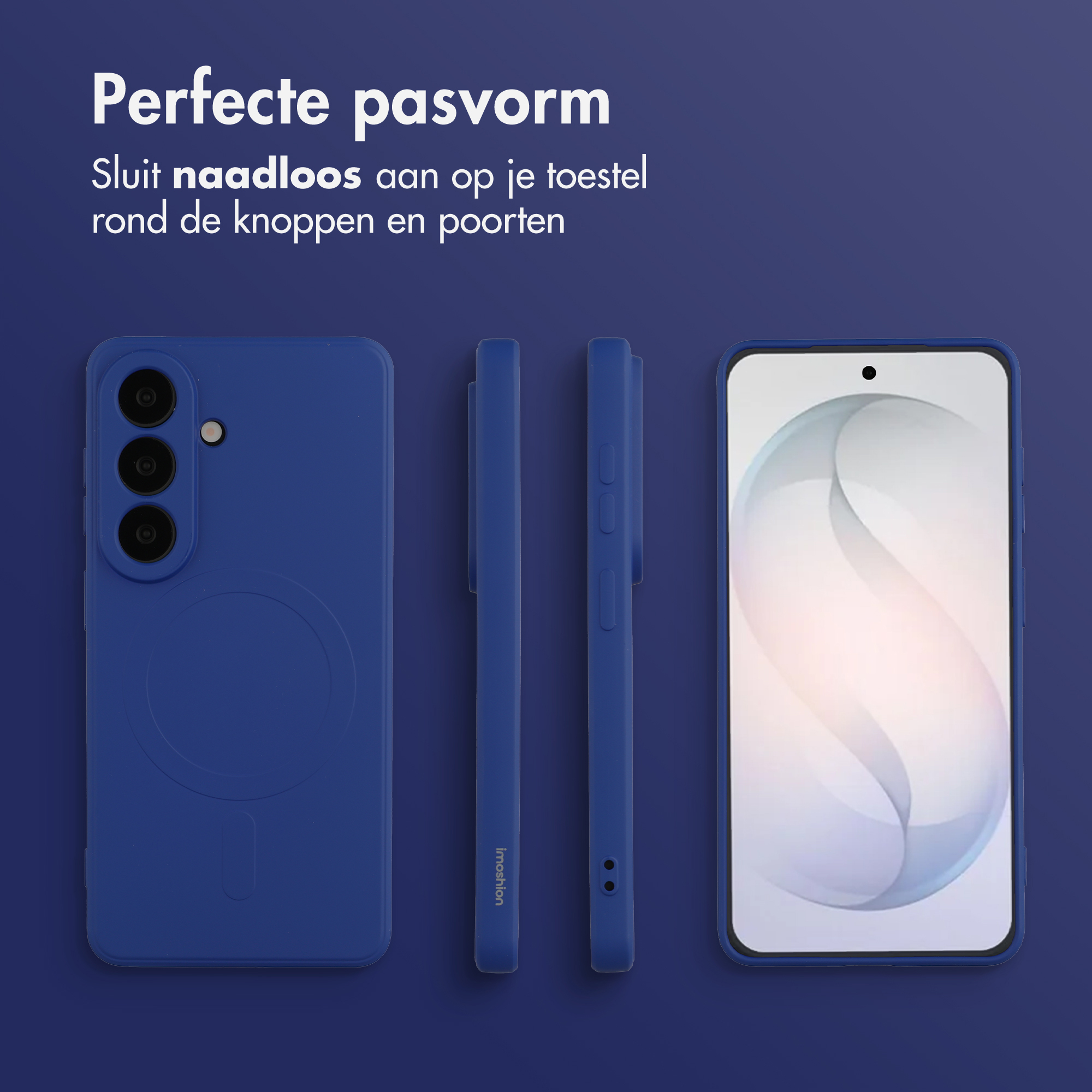 Coque de téléphone bleue montrant le dos, la vue latérale et l'avant avec écran.
