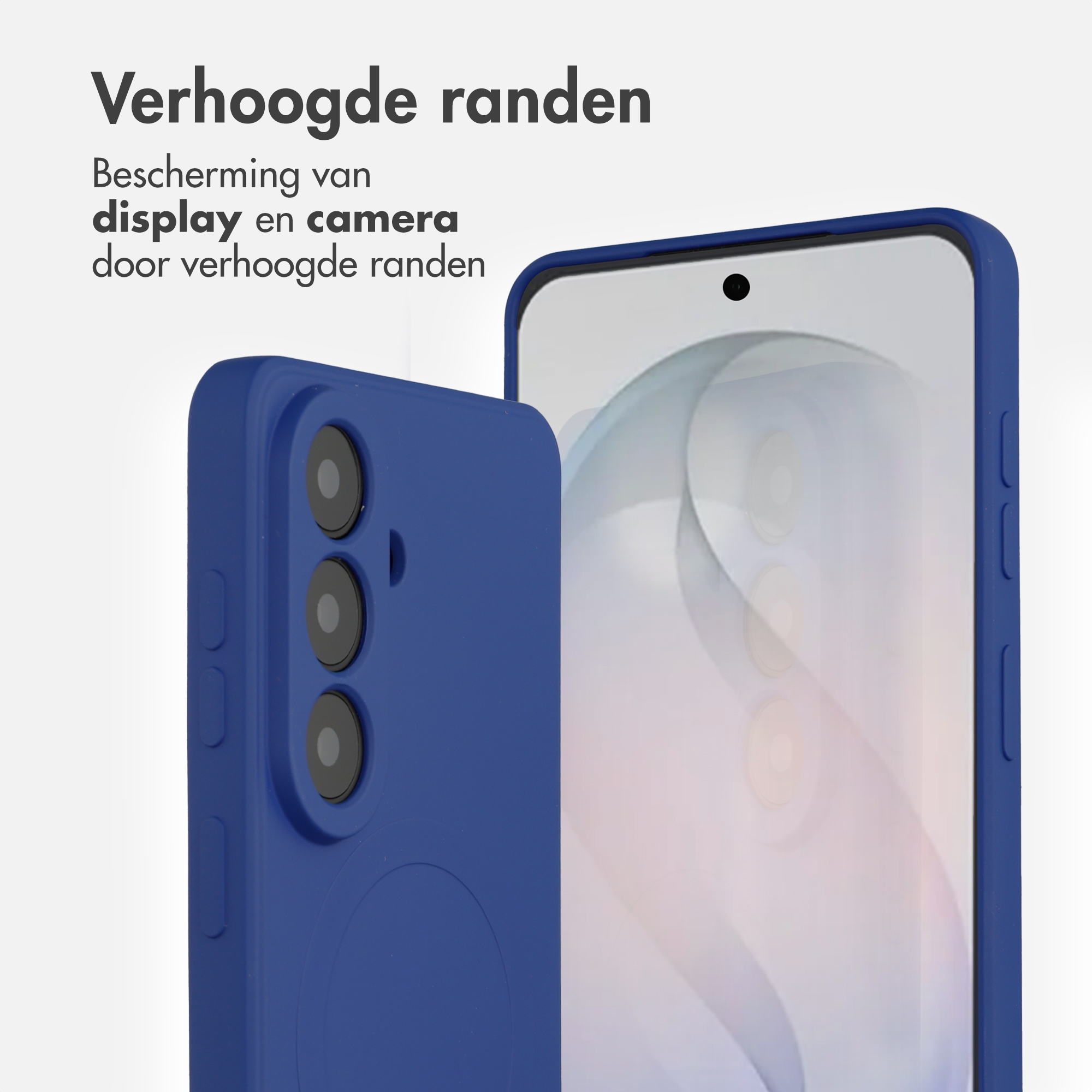 Coque de téléphone bleue avec bords surélevés protégeant écran et appareil photo.