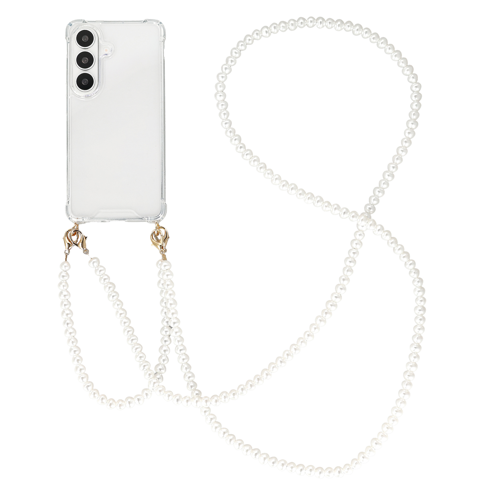 Doorzichtige telefoonhoes met parelketting en gouden sluitingen.