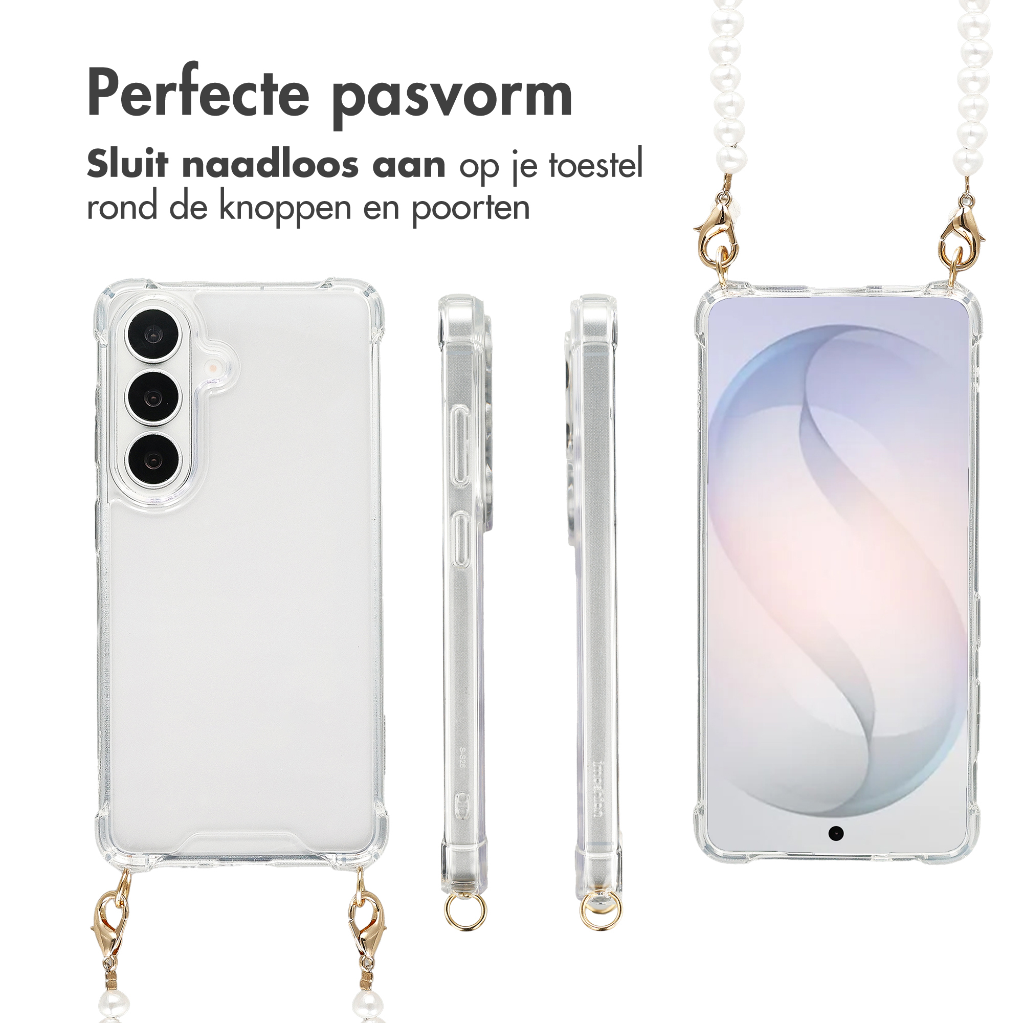 Doorzichtige telefoonhoes met camera-uitsparing en parelketting.